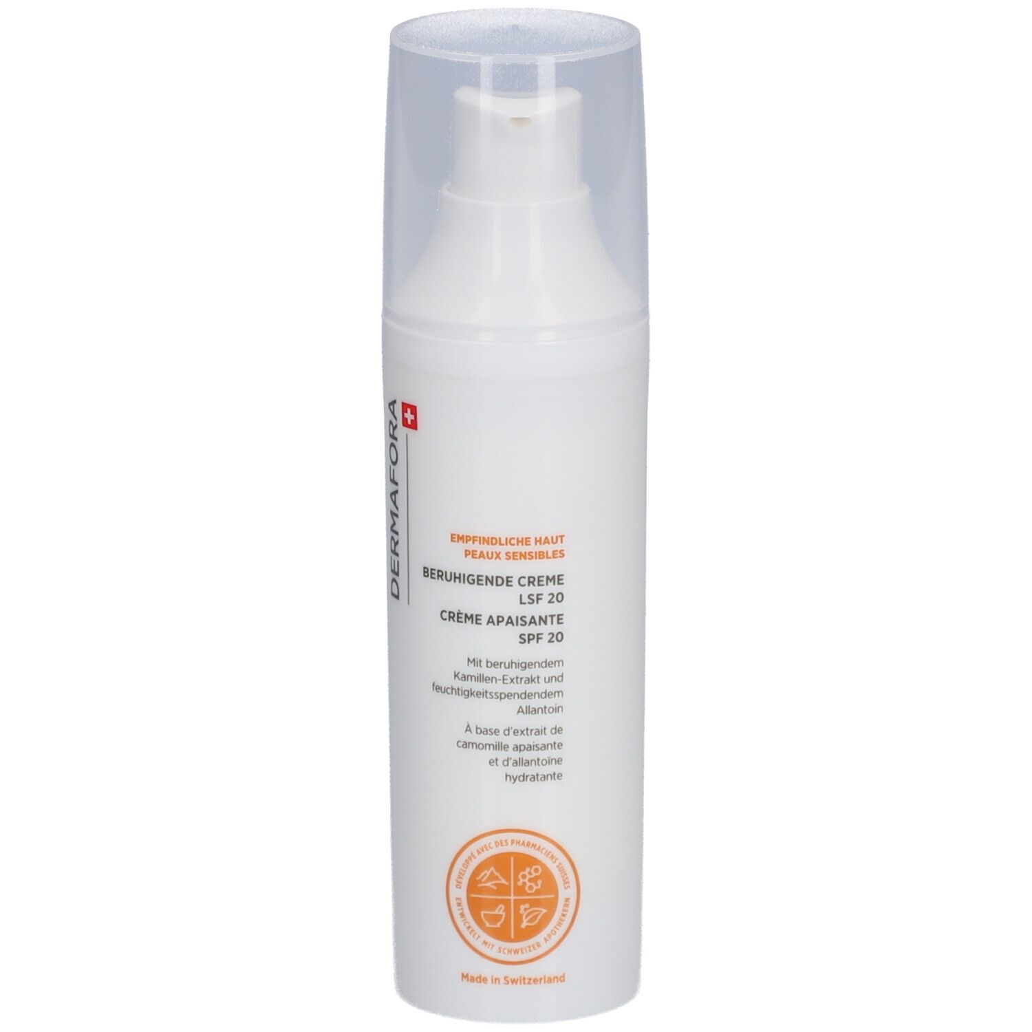 Flacon blanc avec distributeur. Inscription: DERMAFORA, Crème Apaisante SPF 20. Croix suisse.