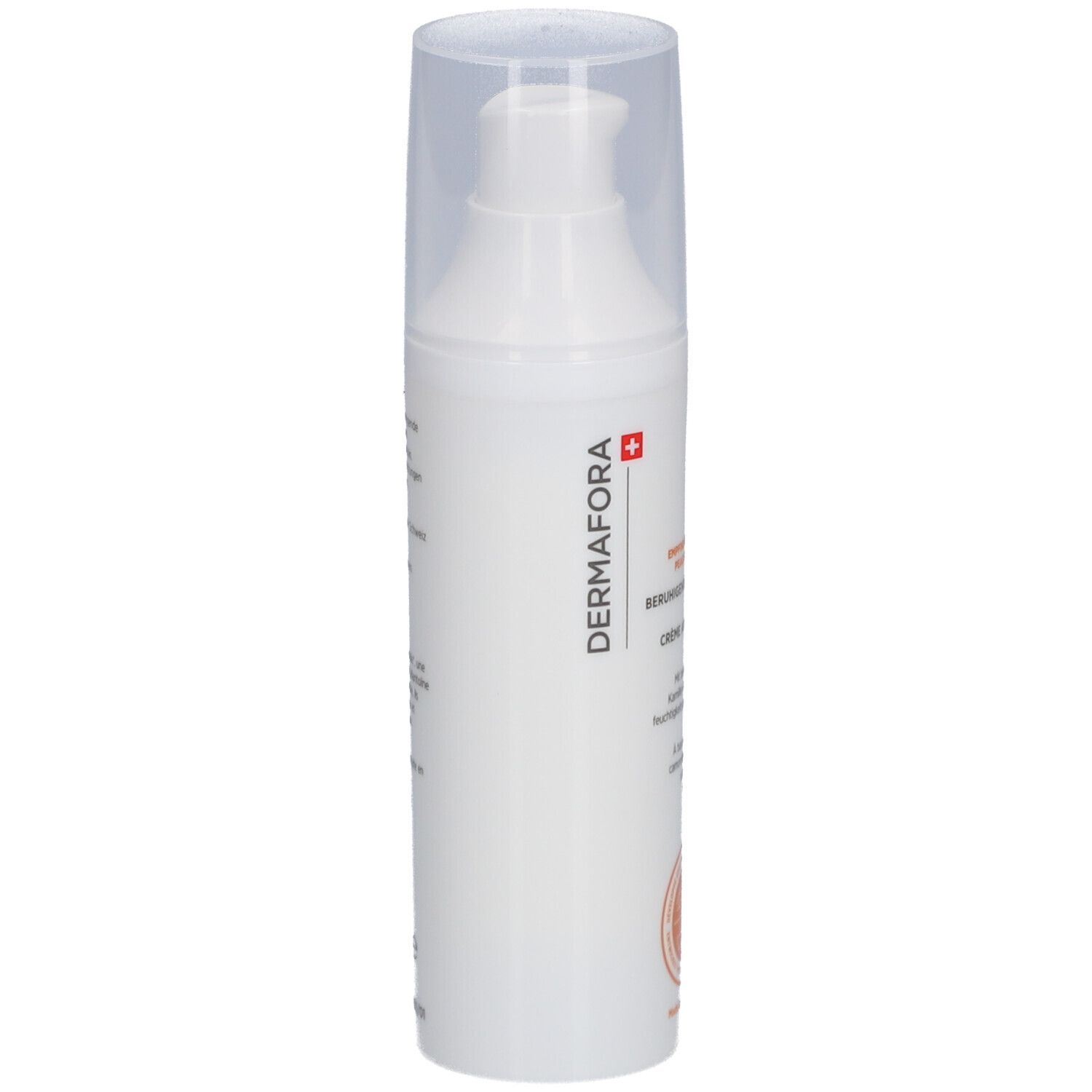 Flacon blanc avec distributeur, vue latérale. Inscription: DERMAFORA. Croix suisse. Texte.