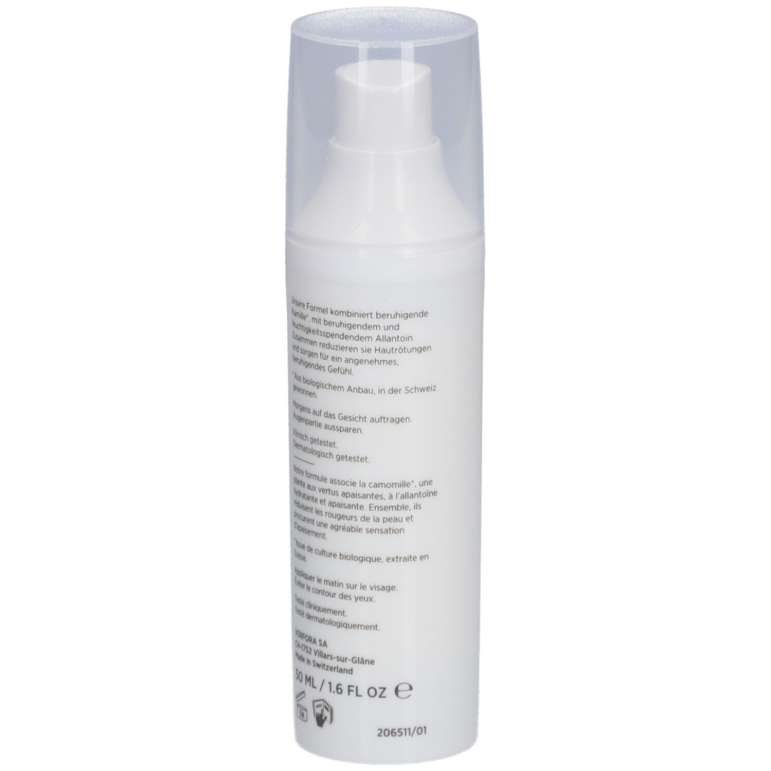 Flacon blanc avec distributeur, vue arrière. Texte. Inscription: DERMAFORA. Croix suisse. 50 ml/1.6 FL OZ e.