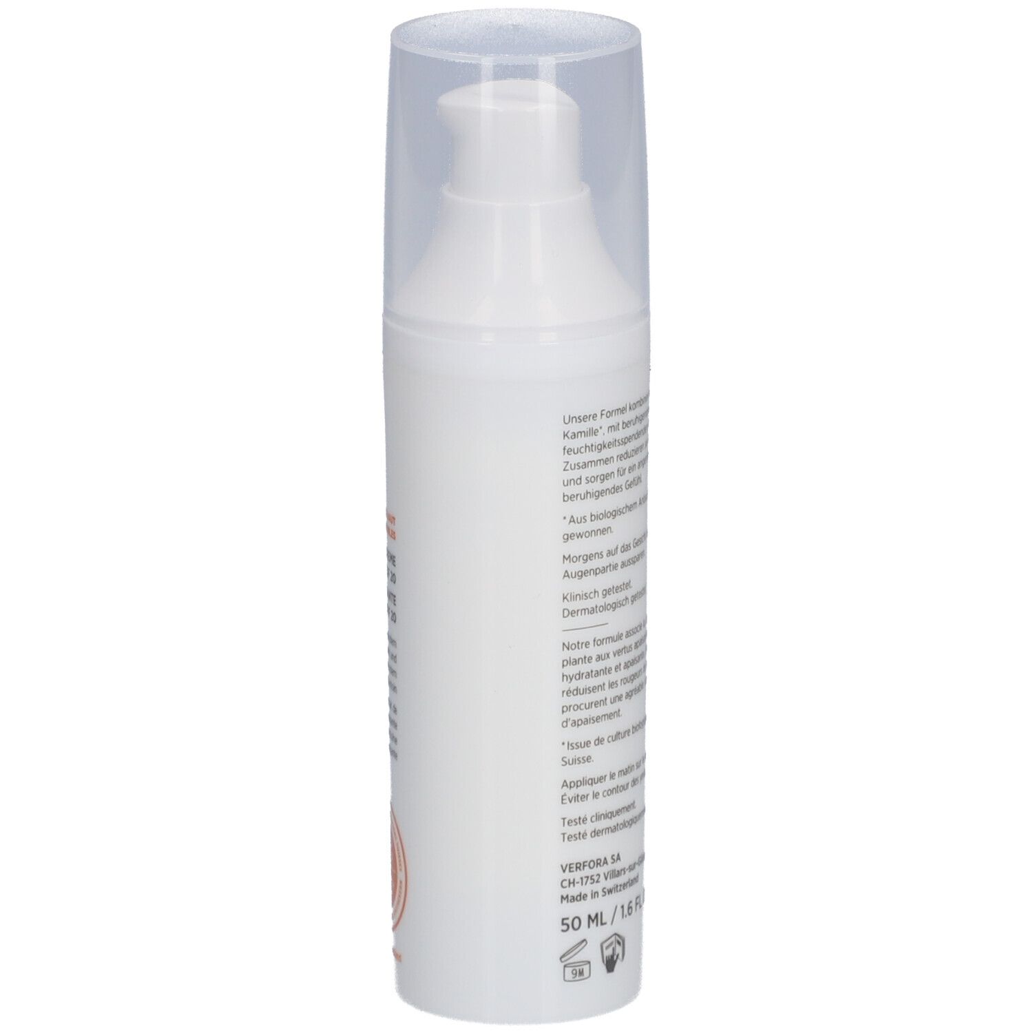 Flacon blanc avec distributeur, vue latérale. Texte. Inscription: DERMAFORA. Croix suisse. 50 ml/1.6 FL OZ e.