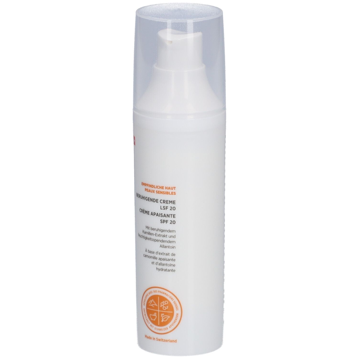 Flacon blanc avec distributeur. Inscription: DERMAFORA, Crème Apaisante SPF 20. Croix suisse.