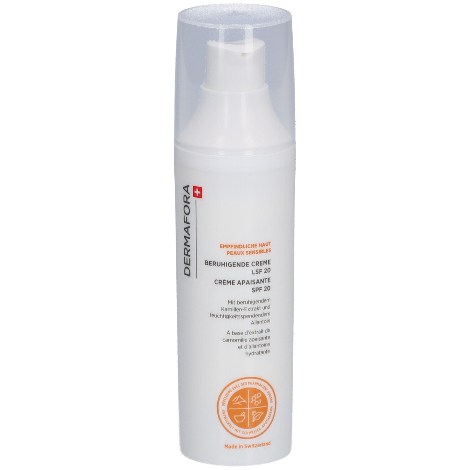 Flacon blanc avec distributeur. Inscription: DERMAFORA, Crème Apaisante SPF 20. Croix suisse.