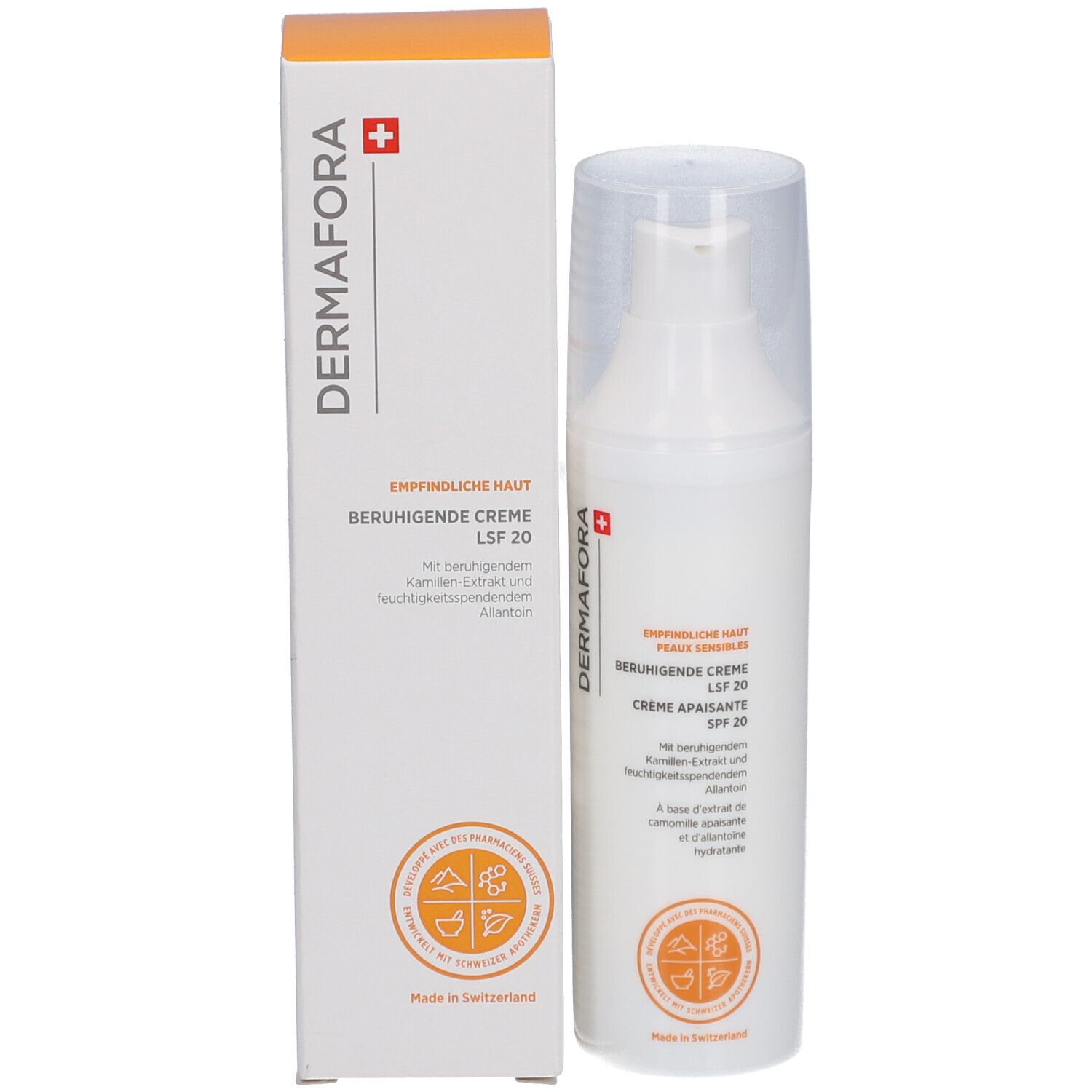 Produit avec emballage. Flacon blanc avec distributeur et carton. Inscription: DERMAFORA, Crème Apaisante SPF 20.