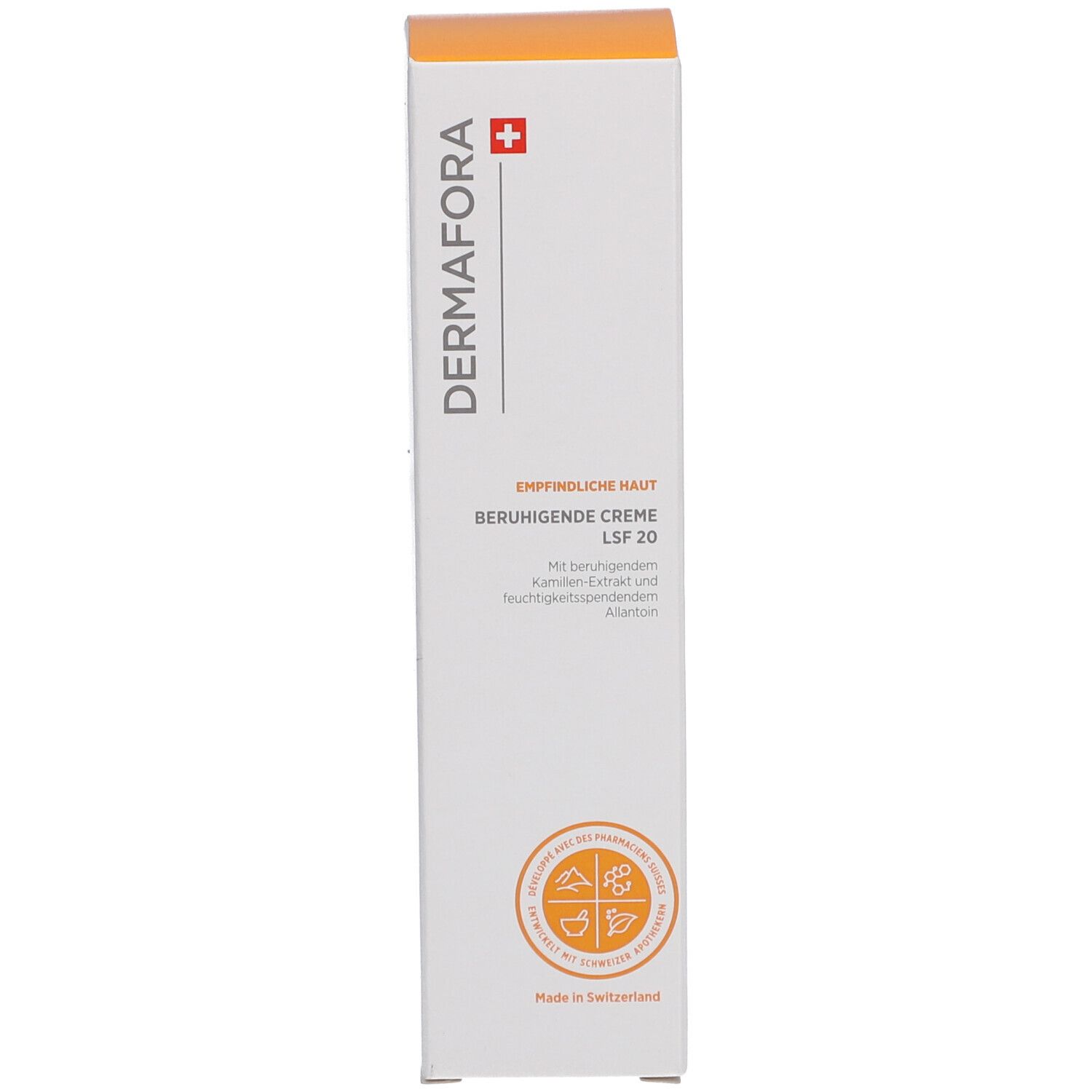 Boîte en carton. Inscription: DERMAFORA, Crème Apaisante SPF 20. Croix suisse. Éléments orange.