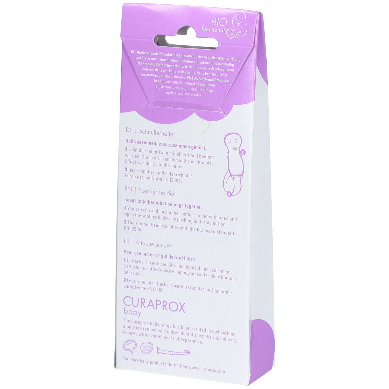 Dos de l'emballage de l'attache-sucette. Texte en allemand, anglais et français. CURAPROX Baby. BIO-Fonctionnel.