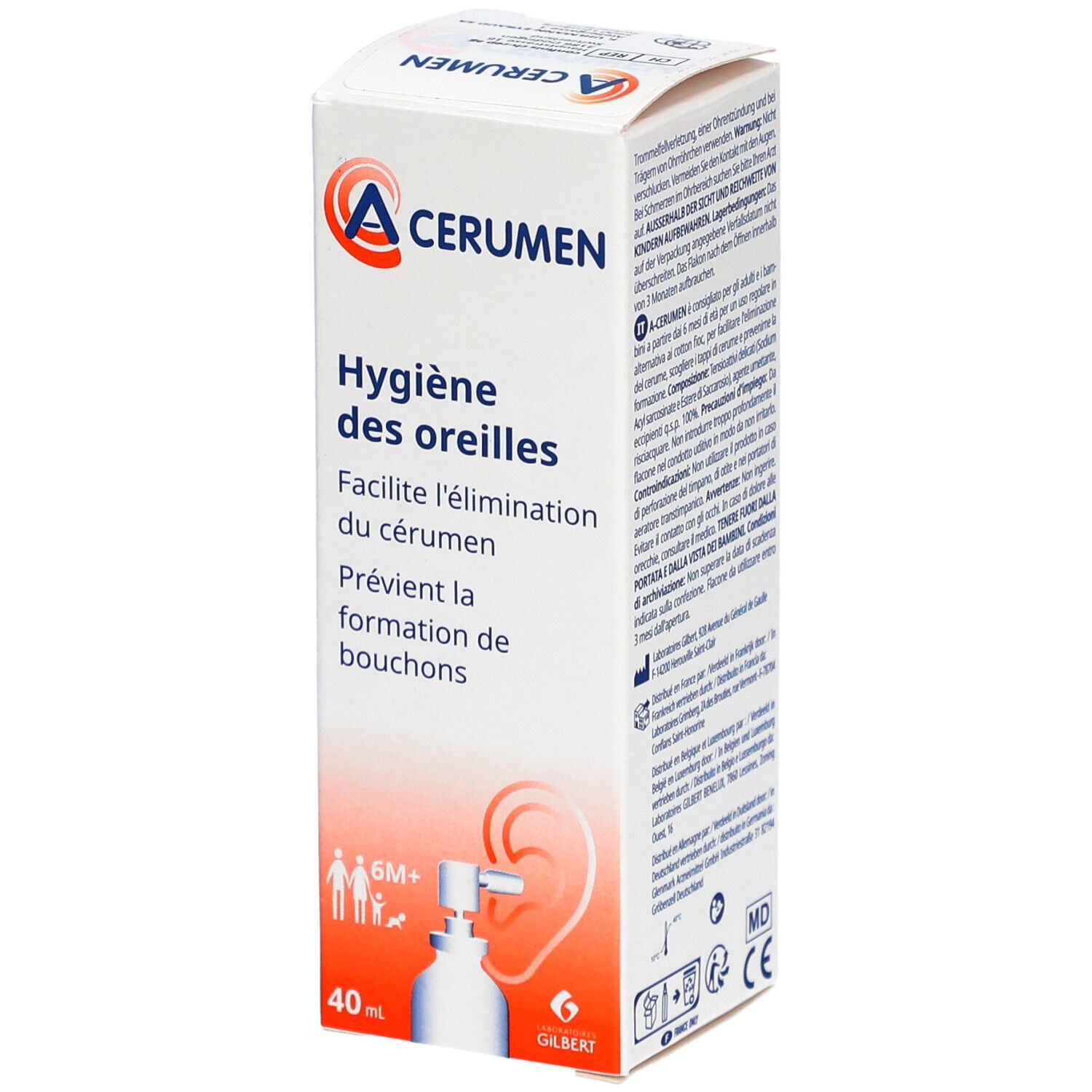 Boîte A-CERUMEN. Carton blanc avec informations et logo. Contient une illustration du produit et une oreille.