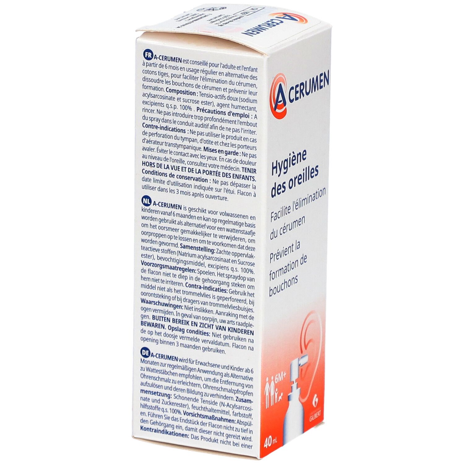 Boîte A-CERUMEN. Dos avec texte multilingue. Contient des informations sur le produit et des avertissements.