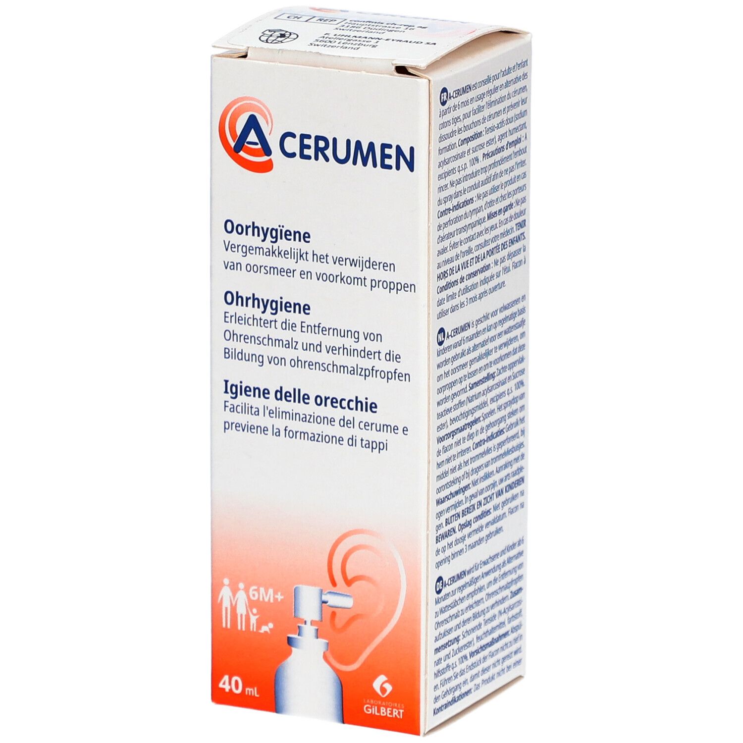 Boîte A-CERUMEN. Texte multilingue sur carton blanc. Contient le nom du produit et des descriptions d'utilisation.