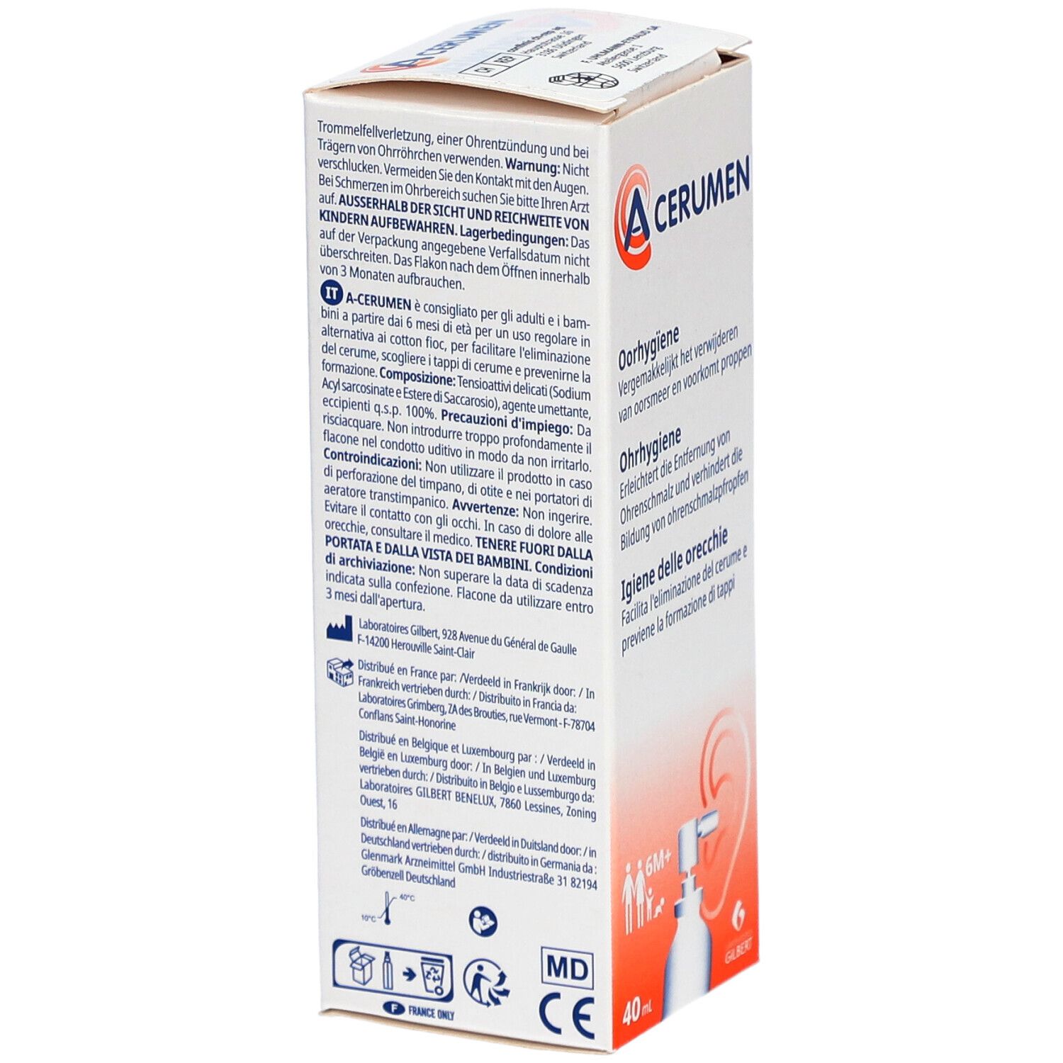 Boîte A-CERUMEN. Dos avec texte multilingue. Contient des informations sur le produit et des avertissements.