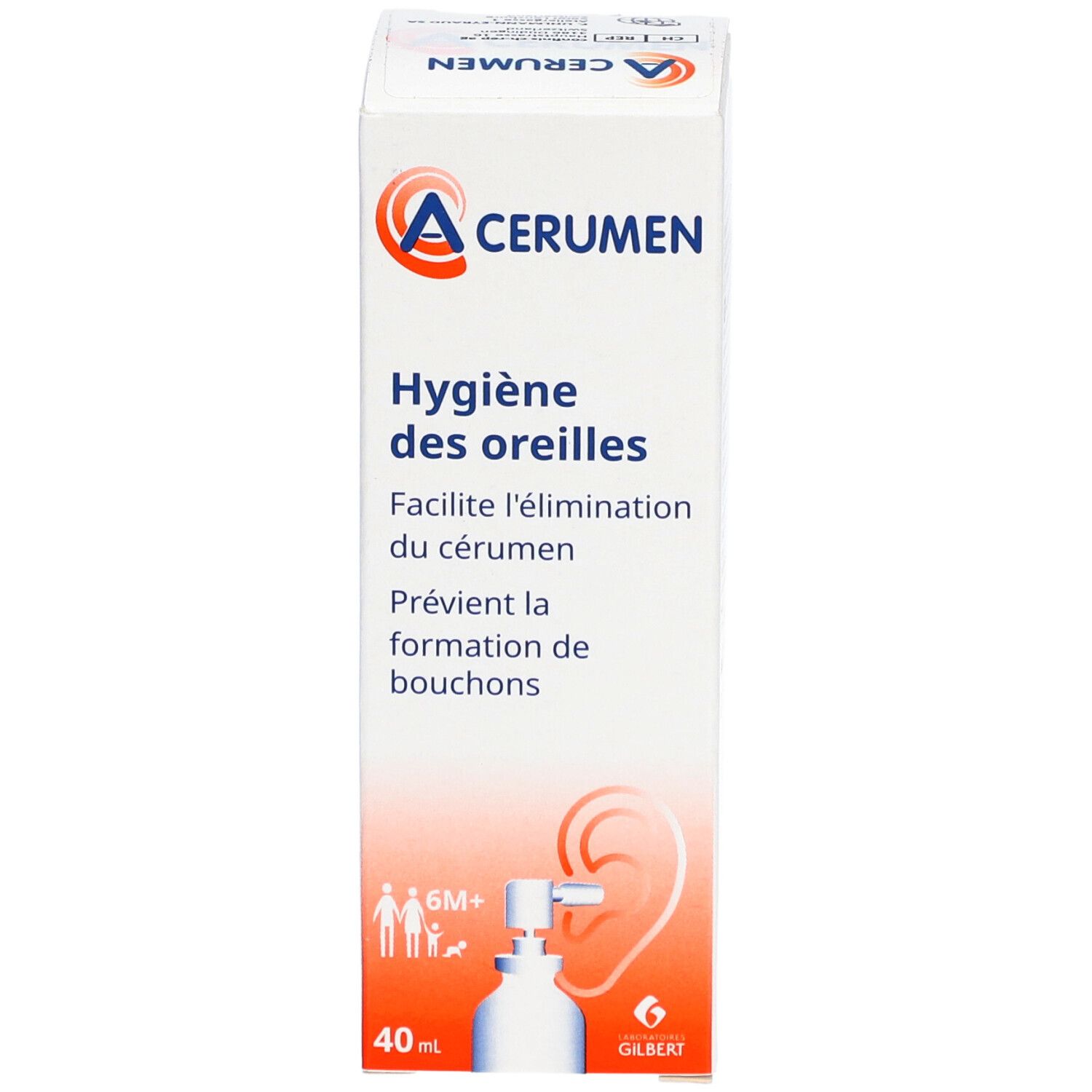 Boîte A-CERUMEN. Carton blanc avec informations et logo. Contient une illustration du produit et une oreille.