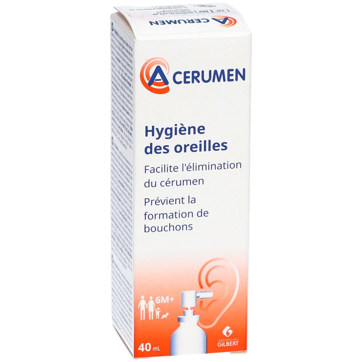 Boîte A-CERUMEN. Carton blanc avec informations et logo. Contient une illustration du produit et une oreille.