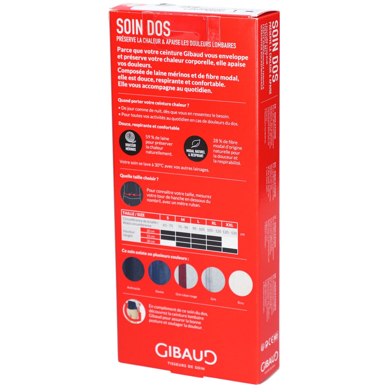 Dos de la boîte. Texte: SOIN DOS, description du produit, tableau des tailles, choix de couleurs. Marque: GIBAUD. Marquage CE.