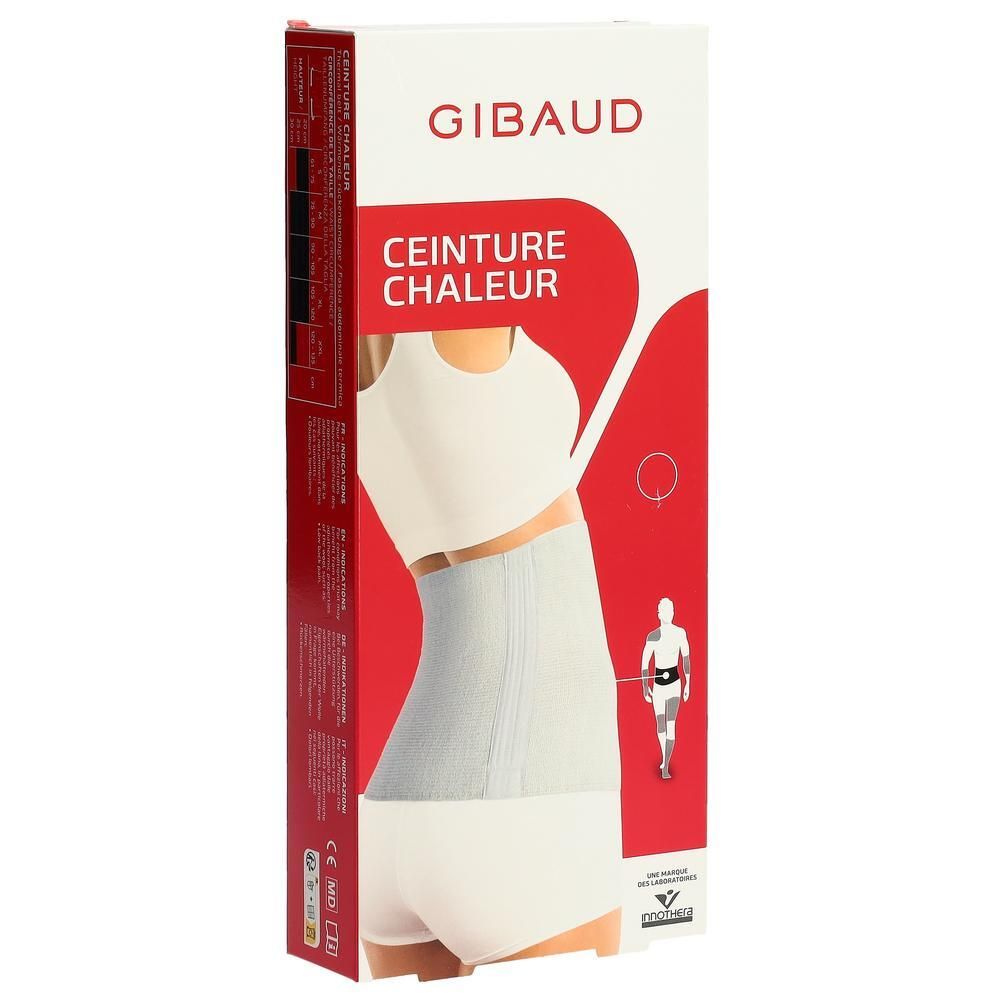 Boîte avec image produit. Inscription: GIBAUD, CEINTURE CHALEUR. Produit: Thermogürtel, écru.