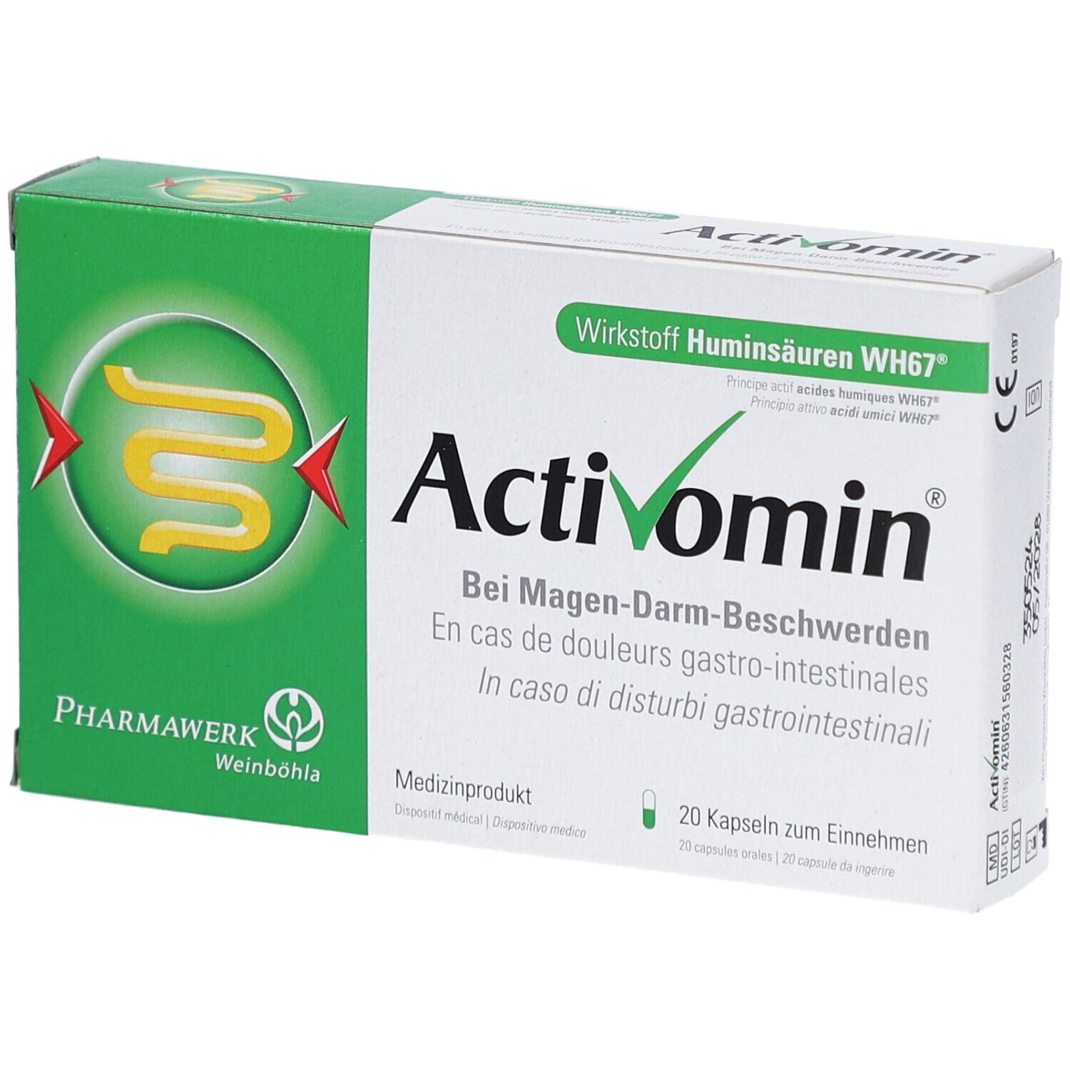 Boîte de gélules Activomin. Emballage vert et blanc avec nom et logo du produit. 20 gélules.