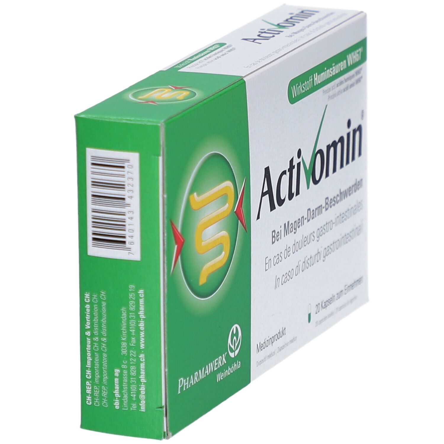 Boîte de gélules Activomin, en biais. Emballage vert et blanc avec nom et logo. Code-barres visible.
