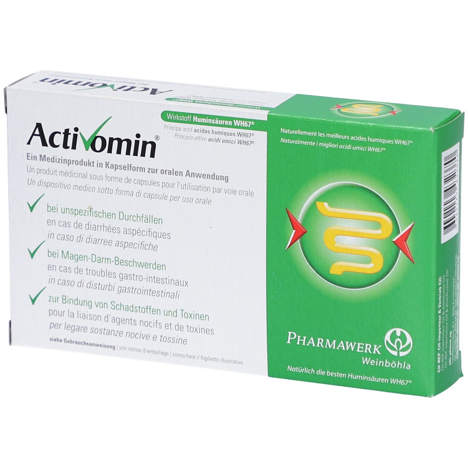 Boîte de gélules Activomin. Emballage vert et blanc avec informations et logo. Texte multilingue.