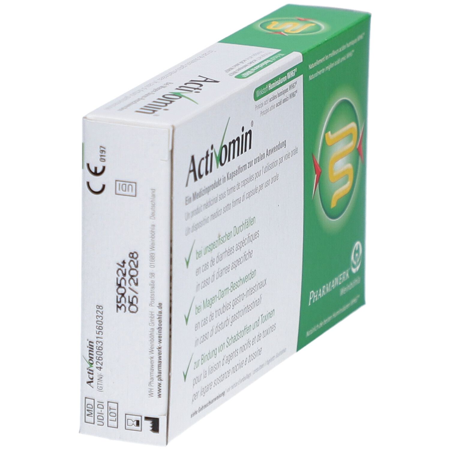 Boîte de gélules Activomin, en biais. Emballage vert et blanc avec informations et logo. Date de péremption.