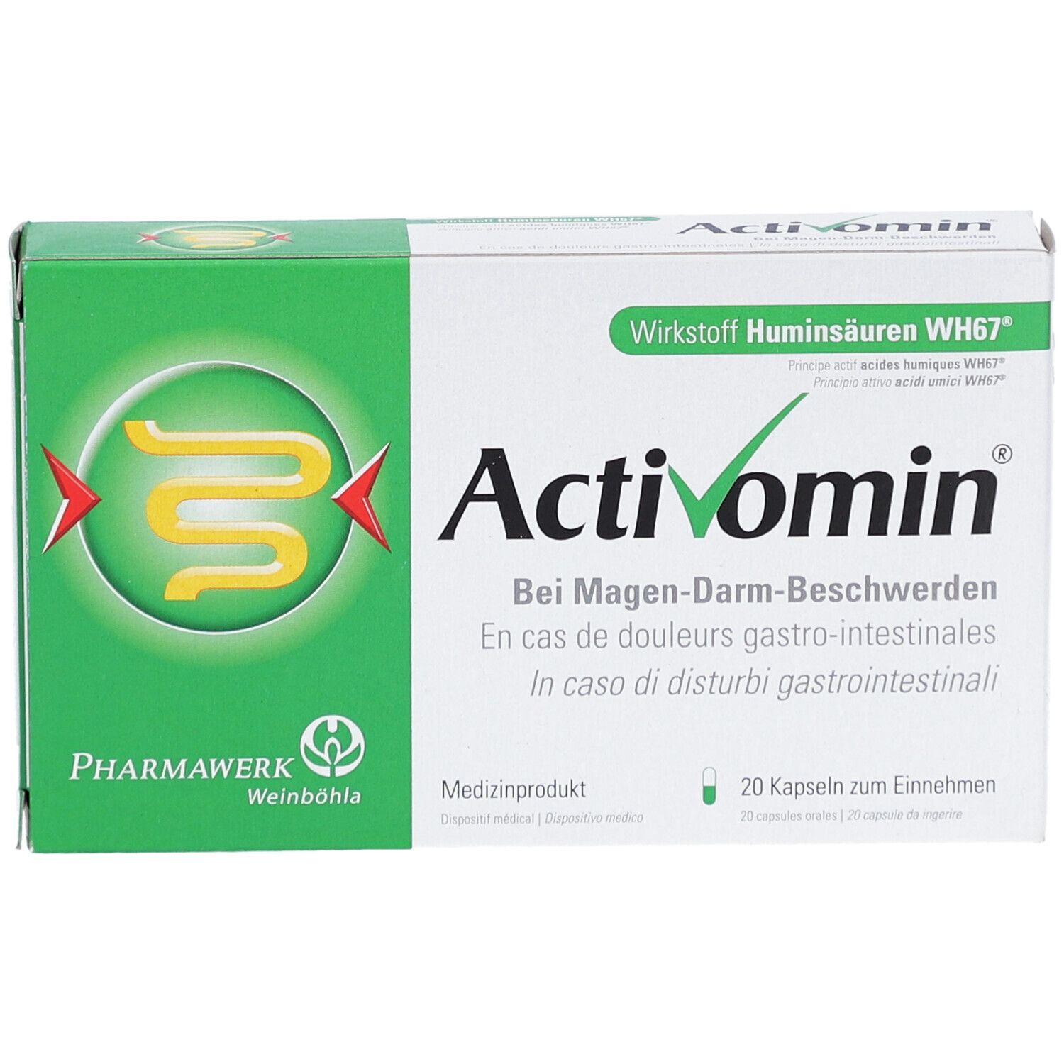 Boîte de gélules Activomin. Emballage vert et blanc avec nom et logo du produit. 20 gélules.