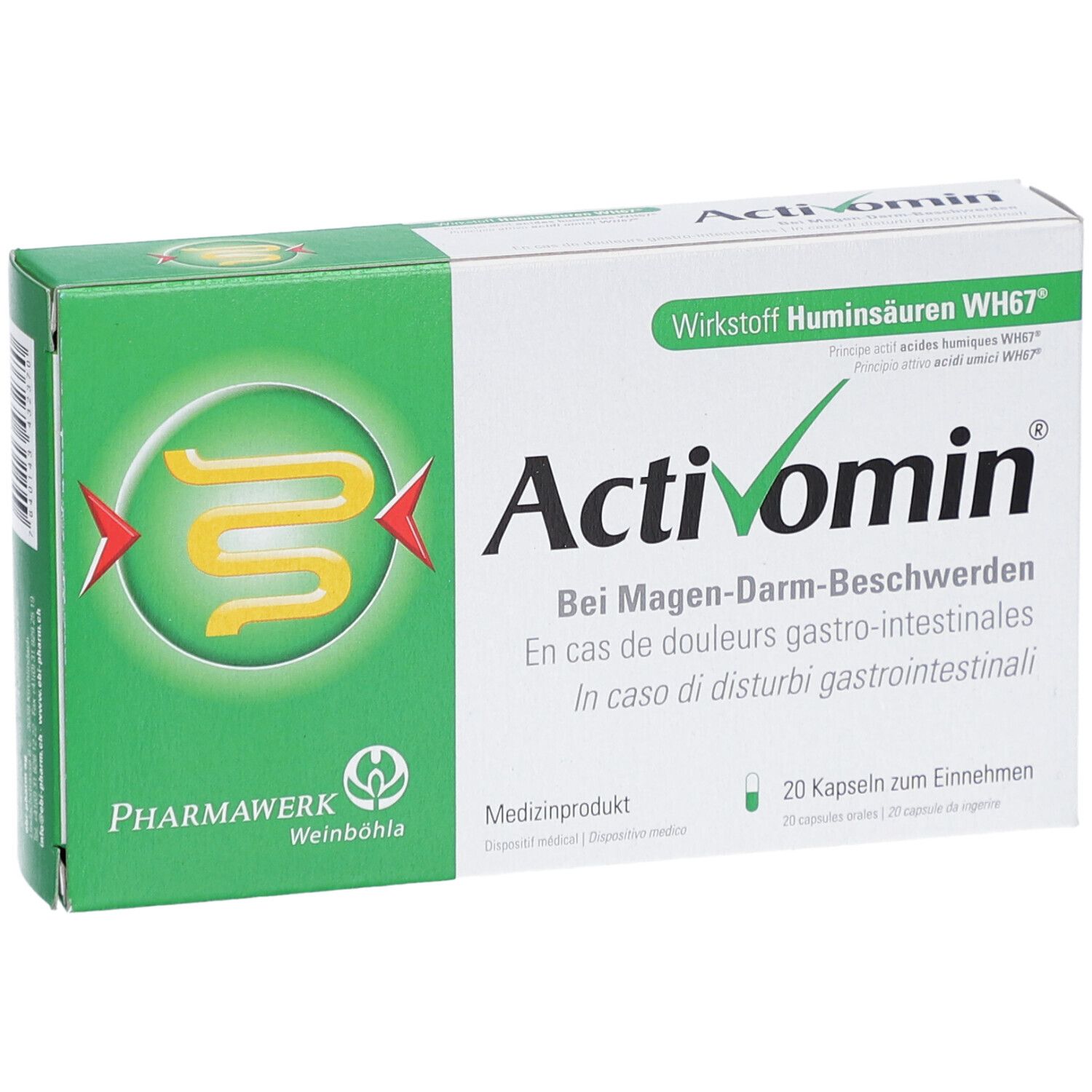 Boîte de gélules Activomin. Emballage vert et blanc avec nom et logo du produit. 20 gélules.