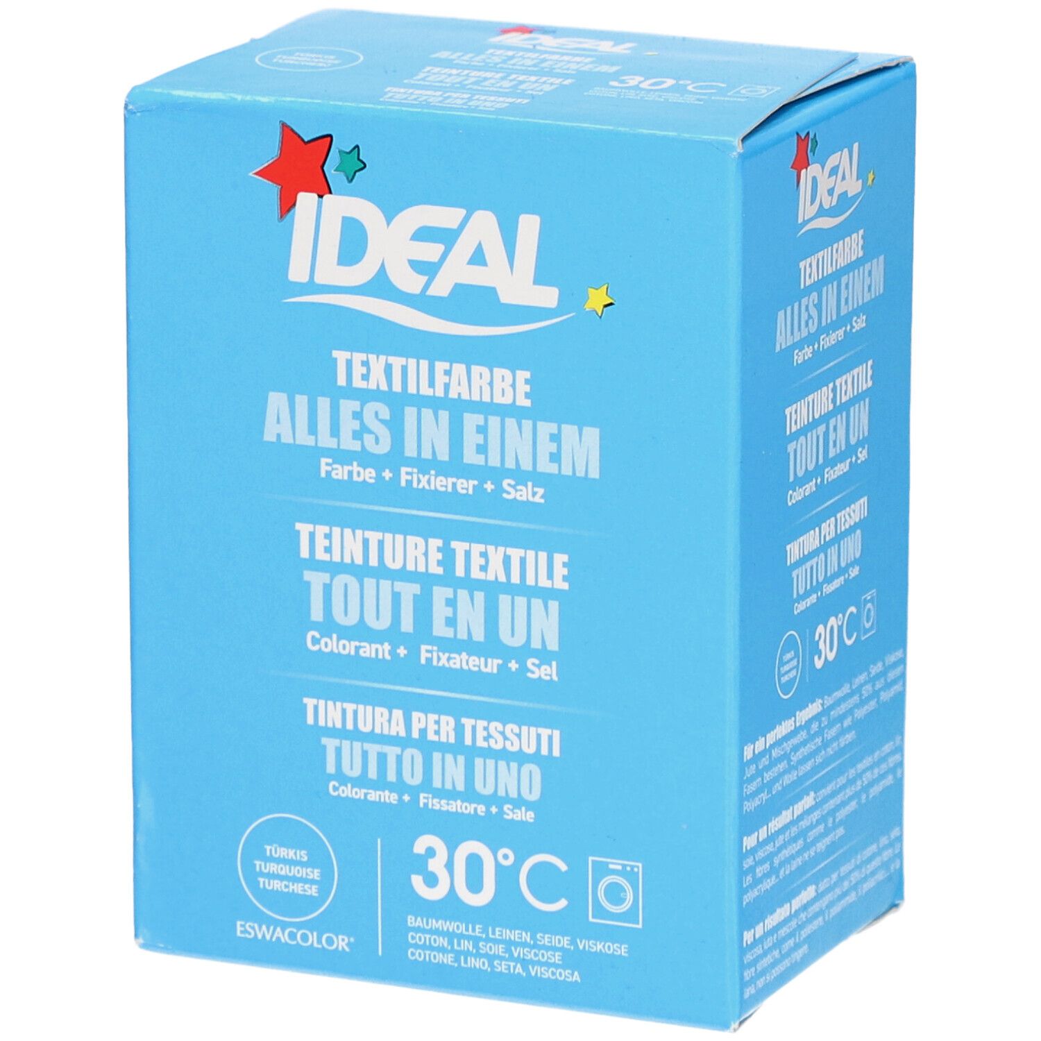 Boîte bleu clair IDEAL Textilfarbe. Inscription: Tout en un, couleur, fixateur, sel. Symbole de lavage 30°C. Turquoise.