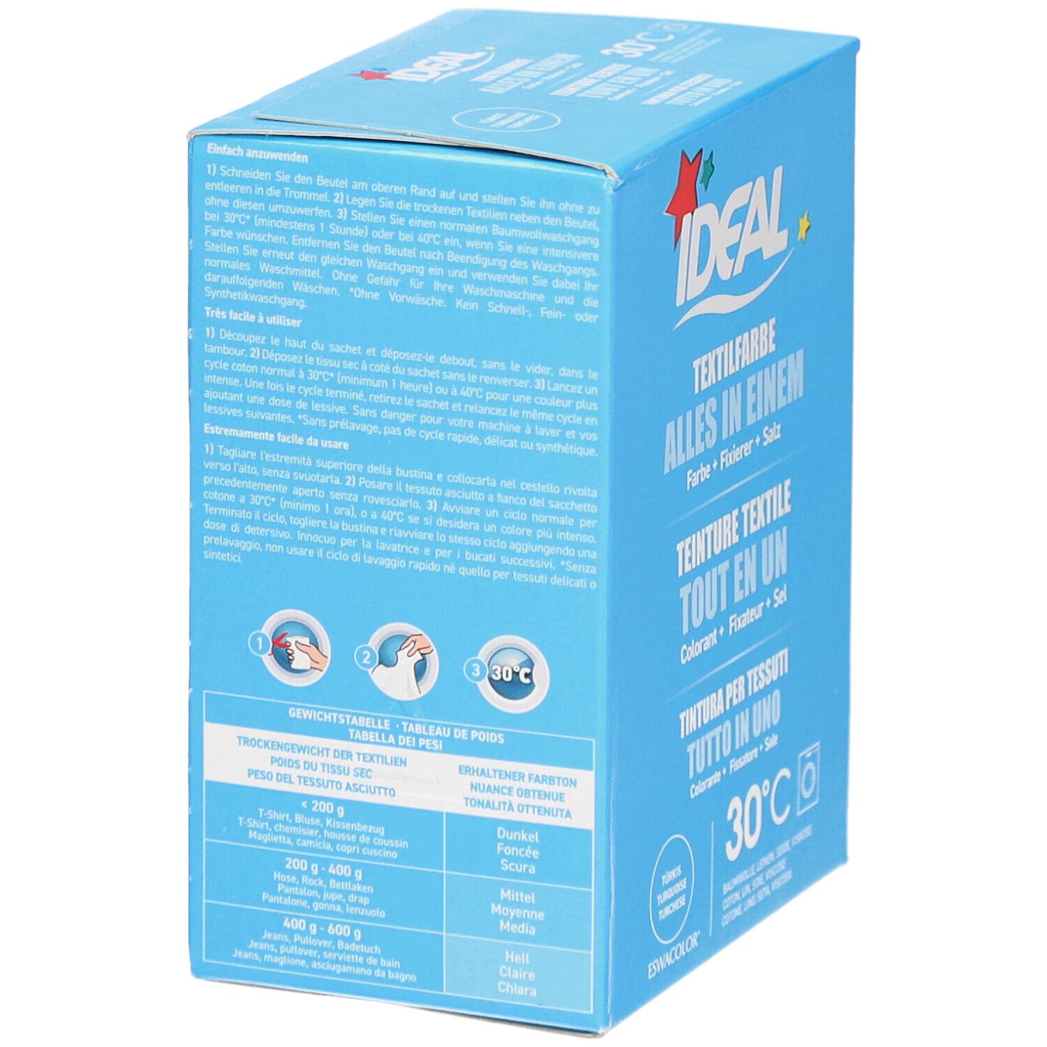 Boîte bleu clair IDEAL Textilfarbe. Texte et symboles de lavage. Tableau avec recommandations de dosage. Symbole de lavage 30°C.