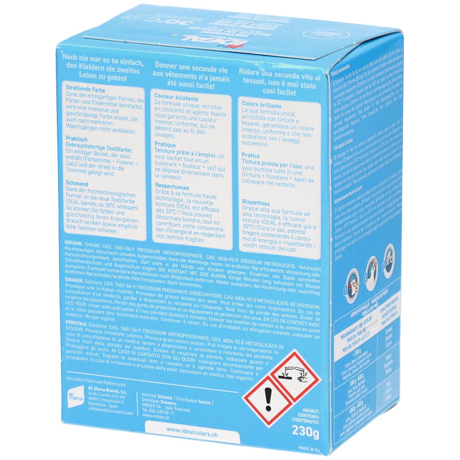 Boîte bleu clair IDEAL Textilfarbe. Dos avec texte en allemand, français et italien. Avertissement et poids 230g.