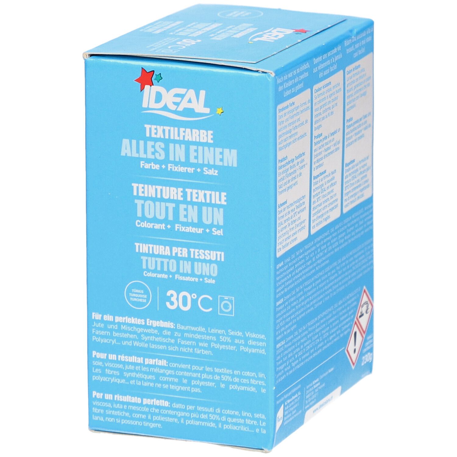 Boîte bleu clair IDEAL Textilfarbe. Texte en allemand, français, italien. Convient pour coton, lin, viscose. Symbole de lavage 30°C.