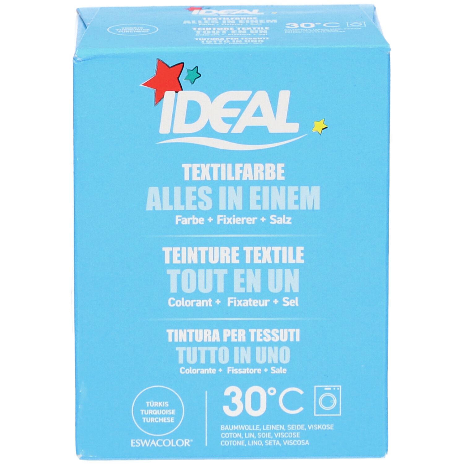 Boîte bleu clair IDEAL Textilfarbe. Inscription: Tout en un, couleur, fixateur, sel. Turquoise. Symbole de lavage 30°C. Pour coton, lin, viscose.