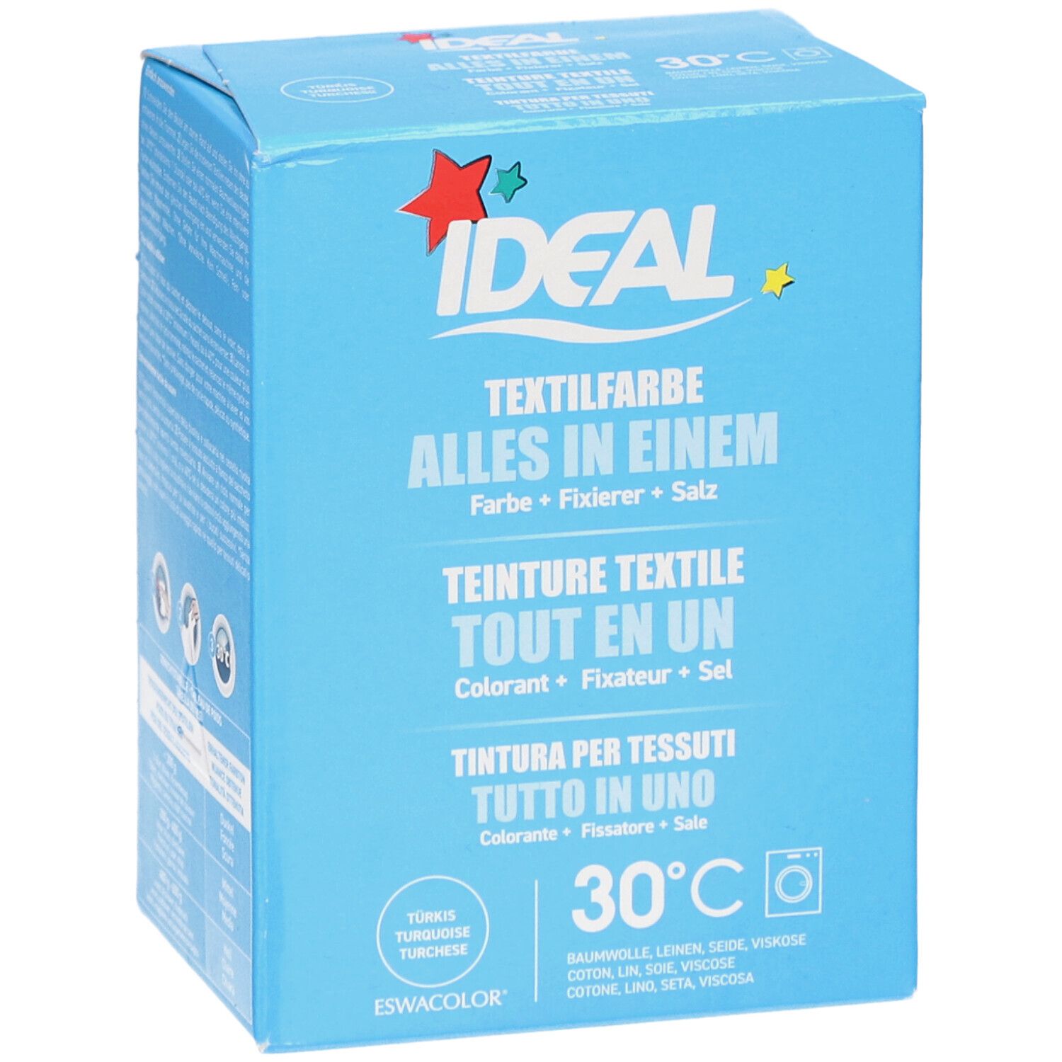 Boîte bleu clair IDEAL Textilfarbe. Inscription: Tout en un, couleur, fixateur, sel. Symbole de lavage 30°C. Turquoise. Vue du produit.