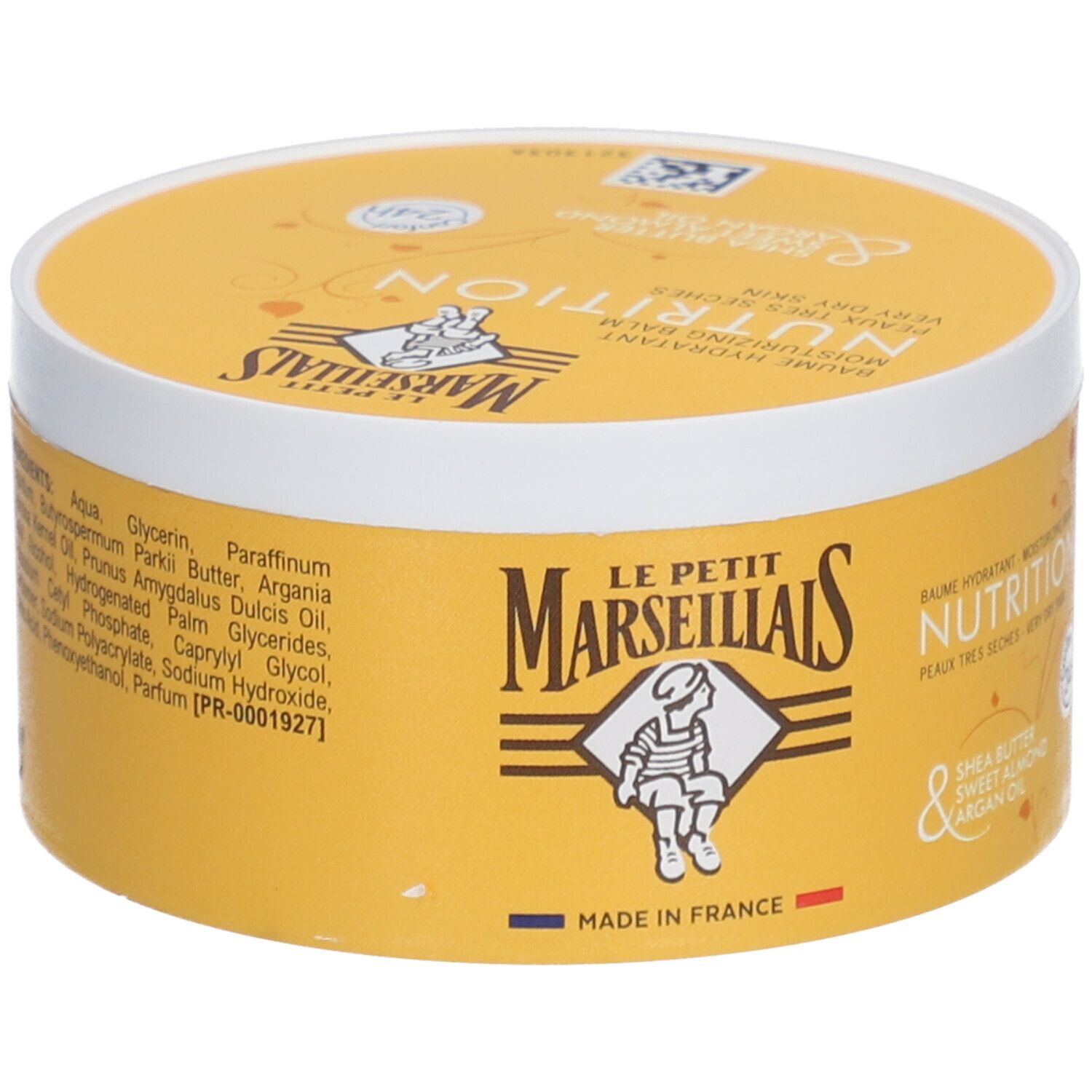 Pot jaune et couvercle blanc. Inscription: LE PETIT MARSEILLAIS, NUTRITION, Beurre de karité, Amande douce, Huile d'argan. Drapeau français.