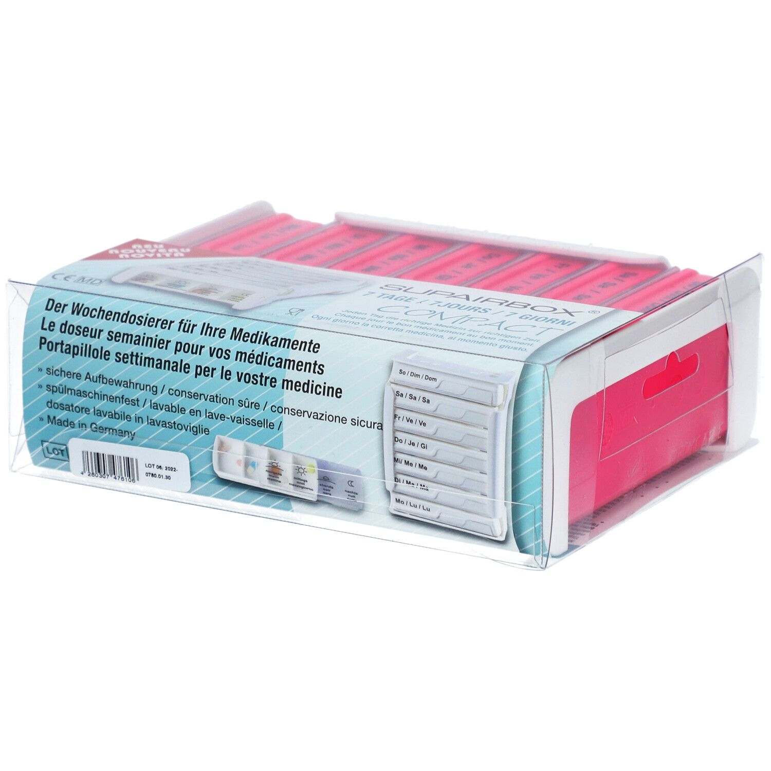 SUPERBOX Semainier rose, pilulier hebdomadaire pour médicaments, dans un emballage transparent. Contient sept compartiments.