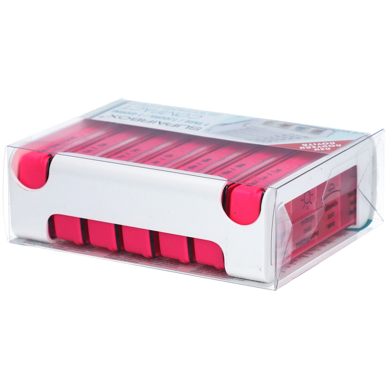 SUPERBOX Semainier rose, pilulier hebdomadaire, en emballage. Emballage transparent. Compartiments roses visibles.