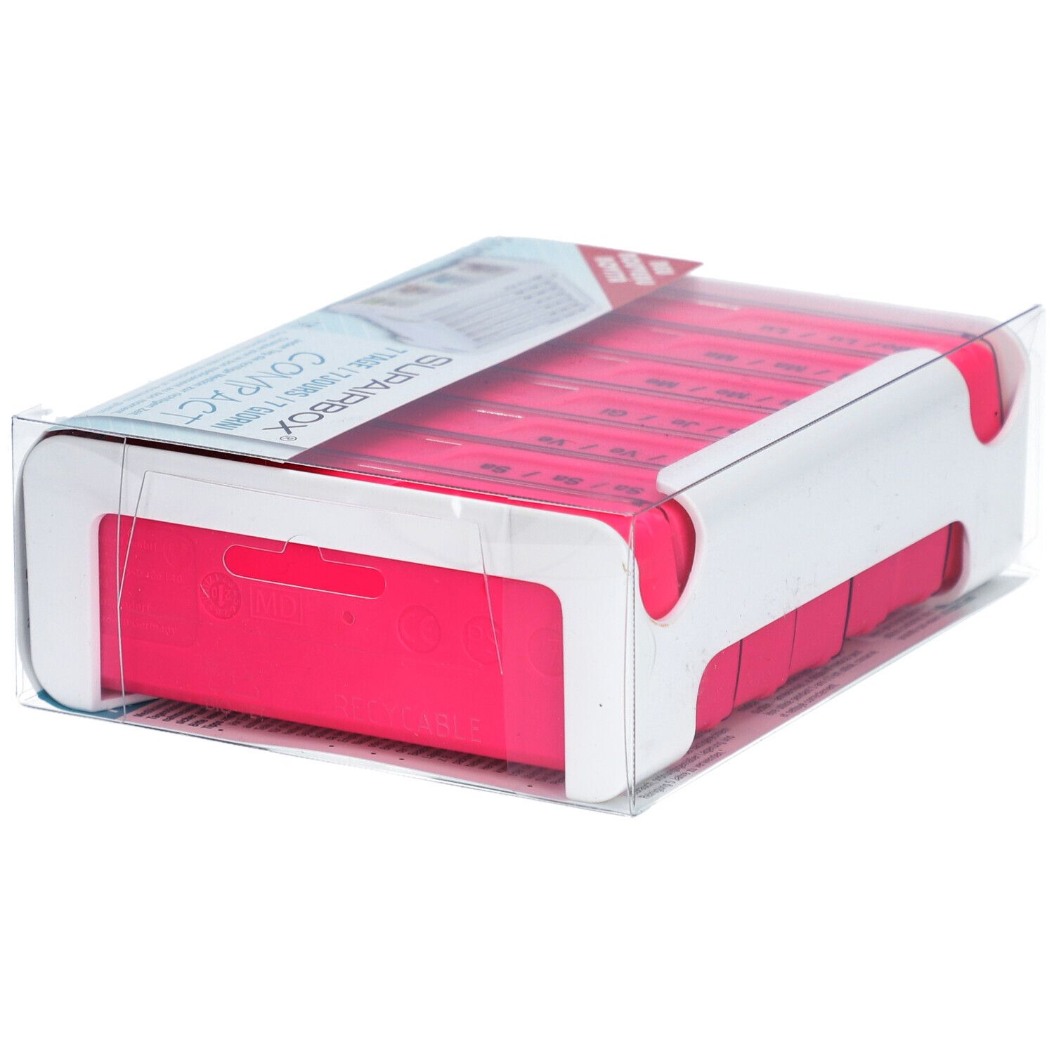 SUPERBOX Semainier rose, pilulier hebdomadaire, en emballage. Rose et blanc. Emballage transparent.