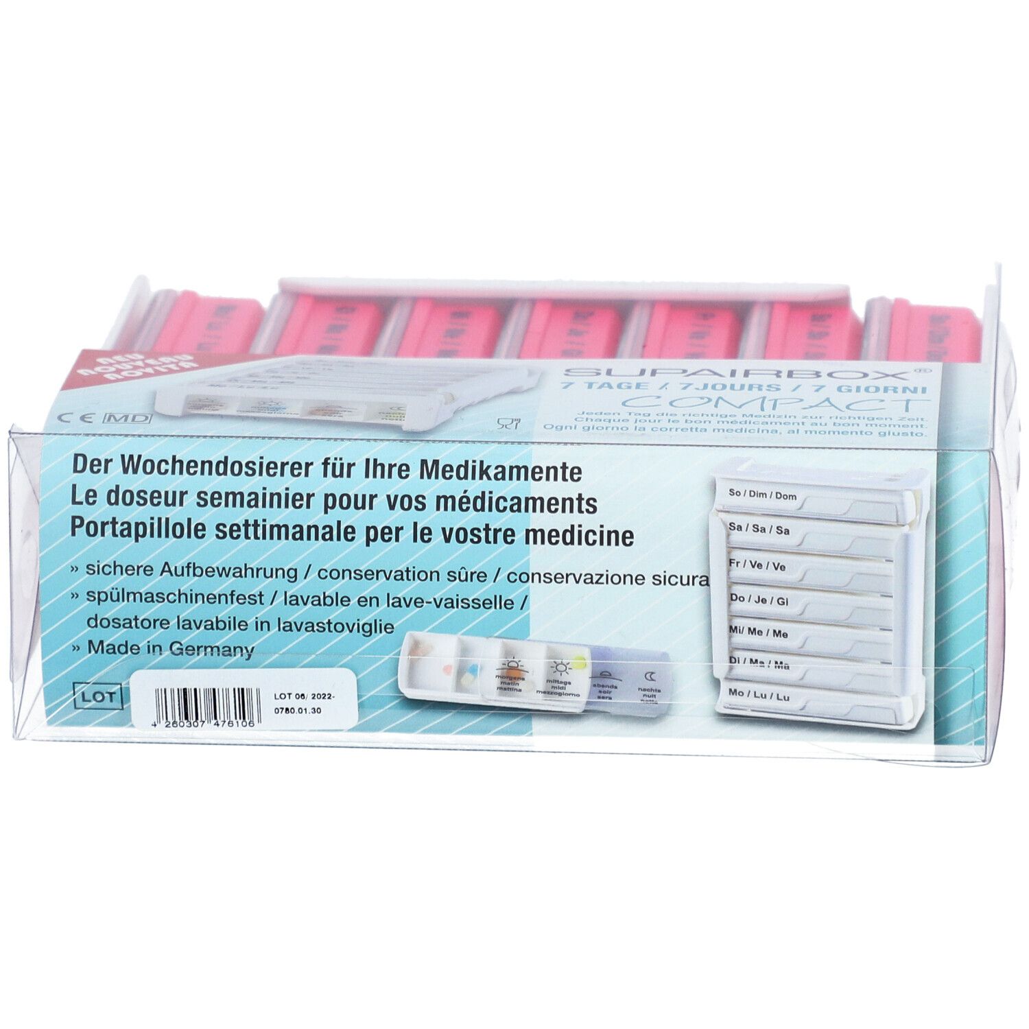 SUPERBOX Semainier, pilulier hebdomadaire, en emballage. Compartiments roses, emballage transparent. Texte sur l'emballage.