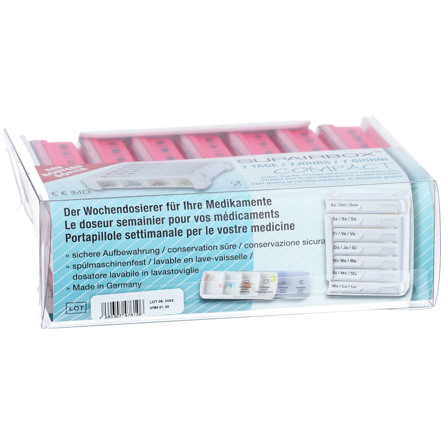 SUPERBOX Semainier, pilulier hebdomadaire, en emballage. Compartiments roses, emballage transparent. Texte sur l'emballage.