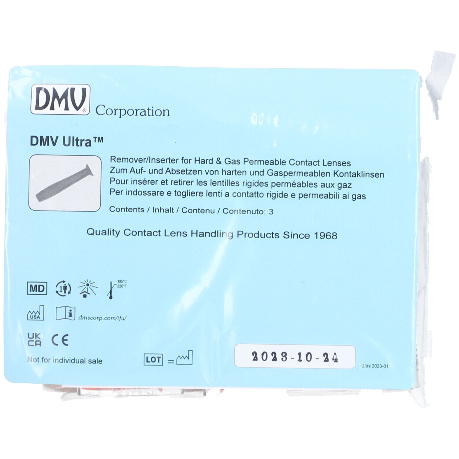 Emballage bleu DMV Ultra. Texte: Remover/Inserter pour lentilles de contact rigides et perméables aux gaz. Contenu: 3.