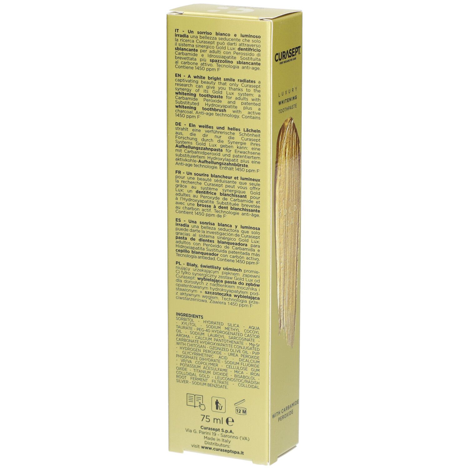 Emballage de dentifrice CURASEPT. Texte et ingrédients au dos. 75 ml.