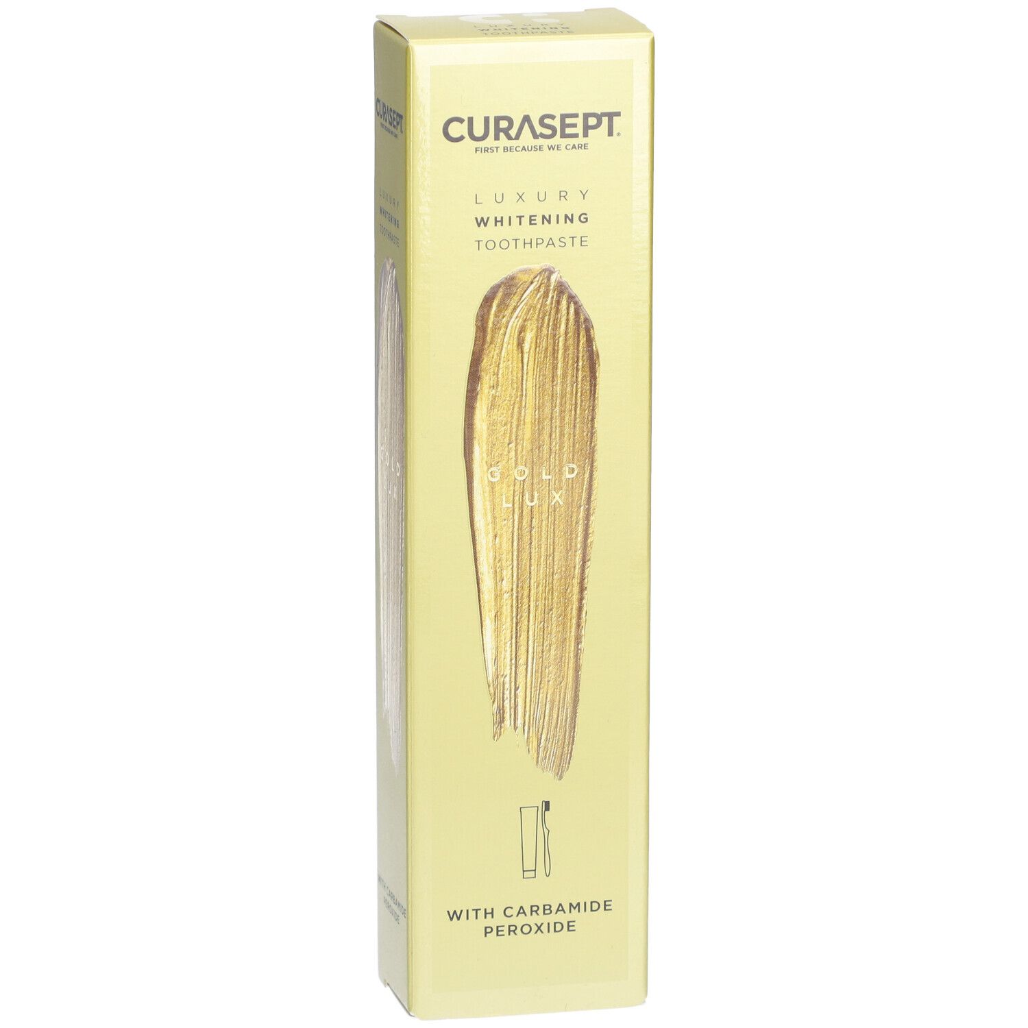 Emballage de dentifrice CURASEPT. Inscription : Luxury Whitening Toothpaste. Gold LUX.