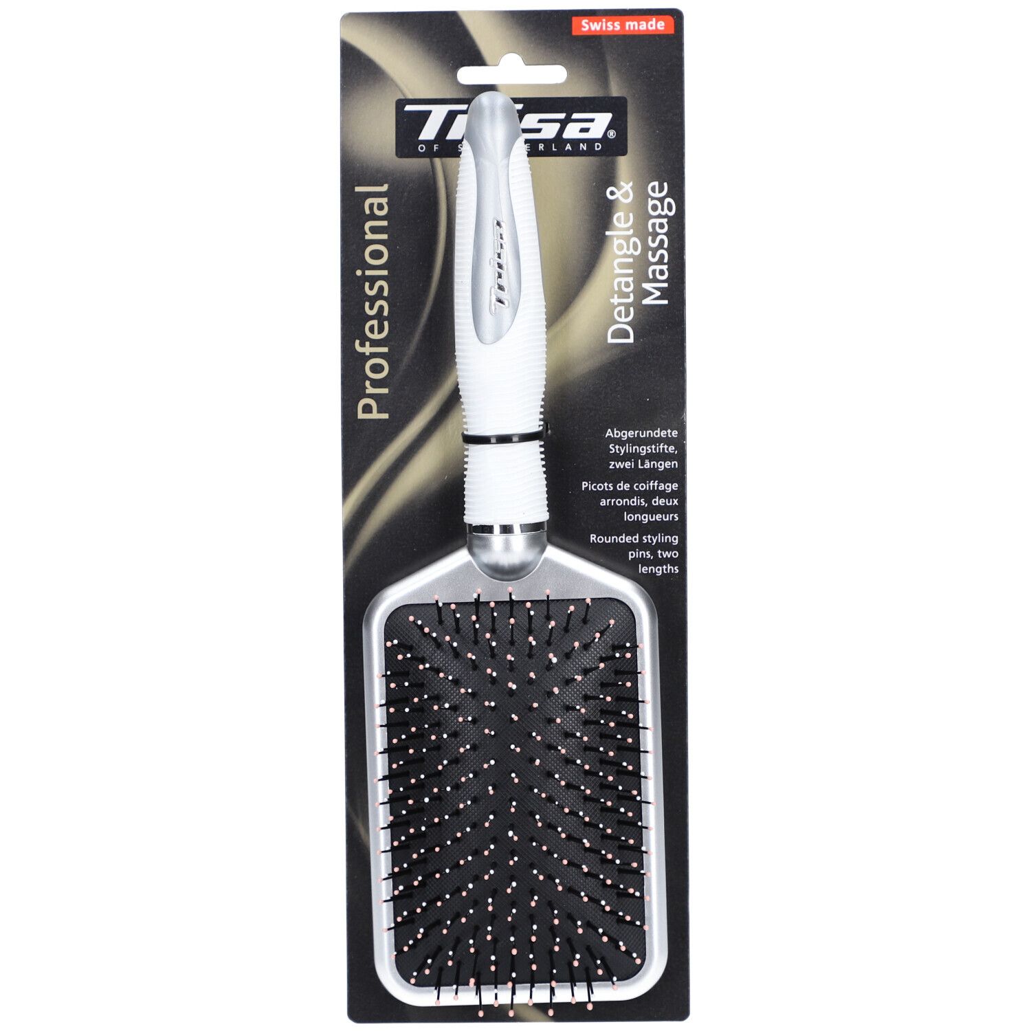 Brosse à cheveux professionnelle, manche blanc, picots noirs, Detangle & Massage.