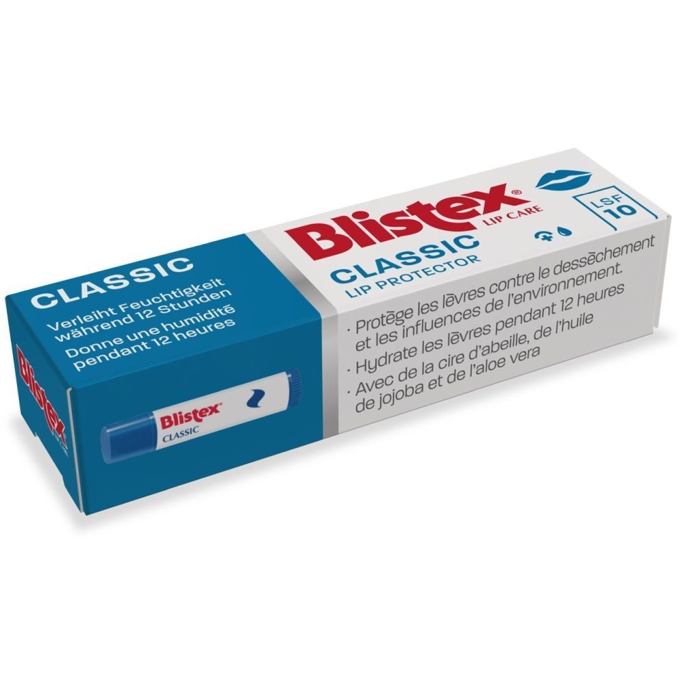 Emballage carton Blistex® CLASSIC. Boîte bleue et blanche avec nom du produit et symbole lèvres. SPF 10.
