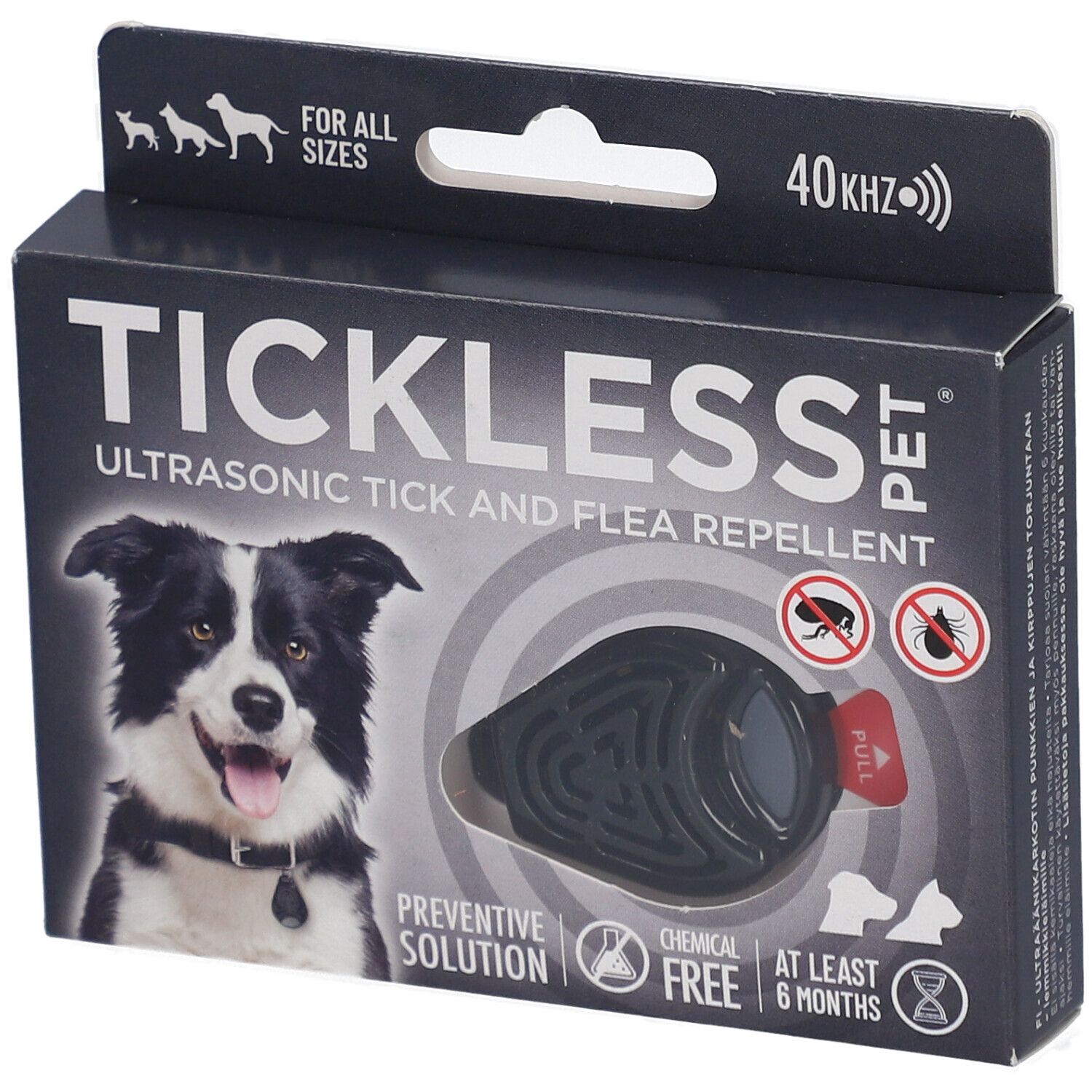 Boîte noire TICKLESS PET. Répulsif ultrasonique tiques et puces. Produit visible. Icônes et texte. Chien sur l'emballage.