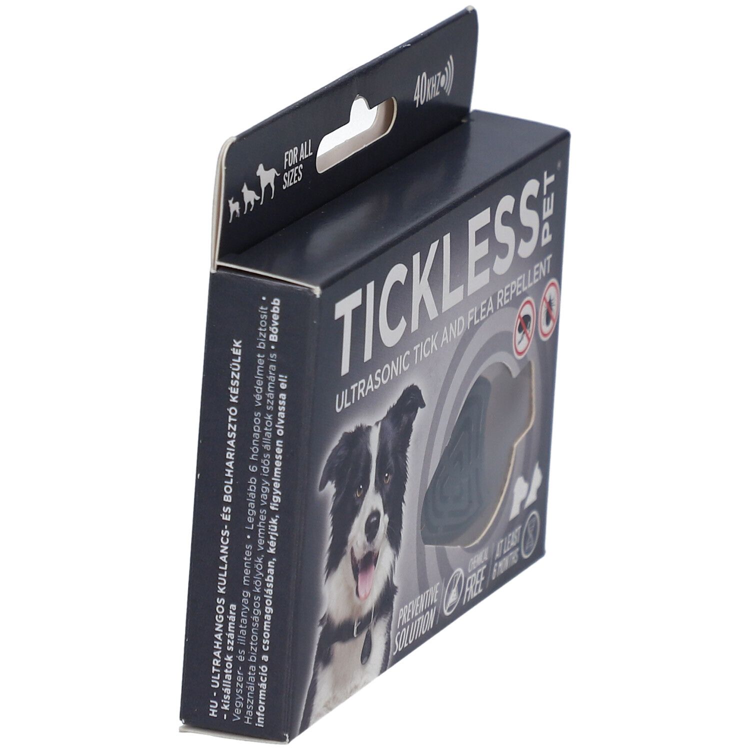 Boîte noire TICKLESS PET. Répulsif ultrasonique. Produit partiellement visible. Texte et chien.