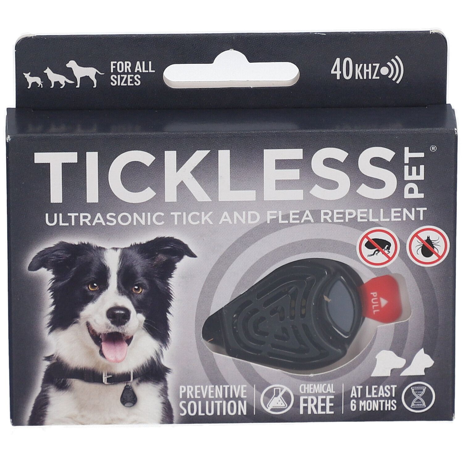 Boîte noire TICKLESS PET. Répulsif ultrasonique tiques et puces. Produit visible. Icônes et texte.