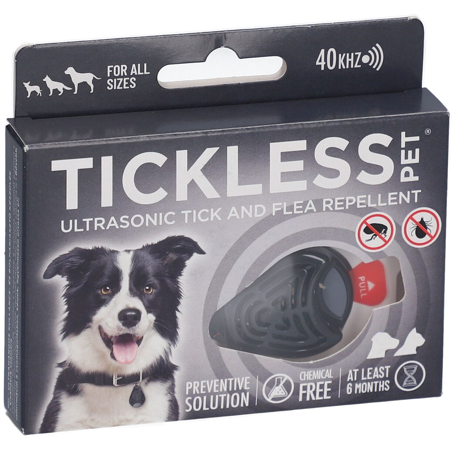 Boîte noire TICKLESS PET. Répulsif ultrasonique tiques et puces. Produit visible. Icônes et texte.