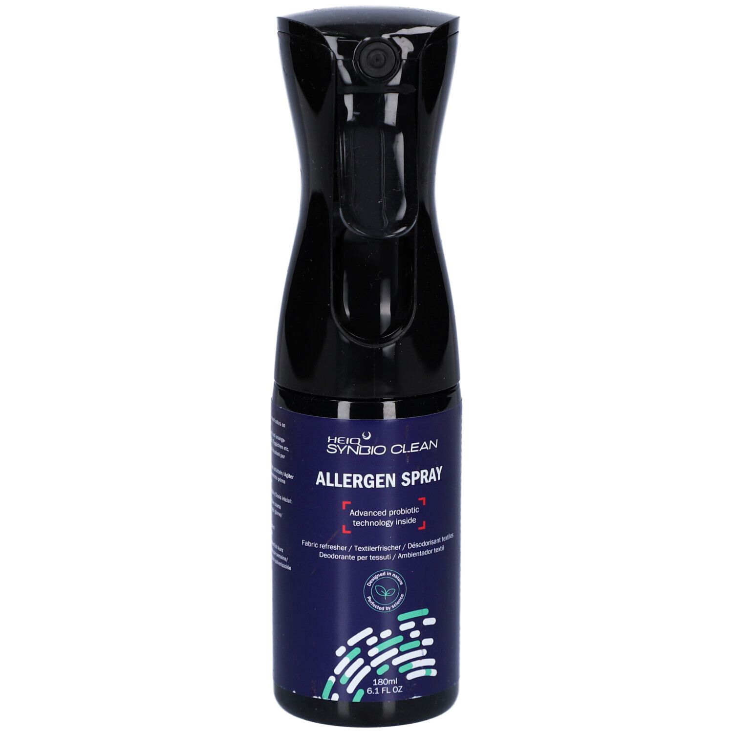 Flacon pulvérisateur bleu avec tête noire. Inscription: HEIQ SYNBIO CLEAN ALLERGEN SPRAY. 180 ml.