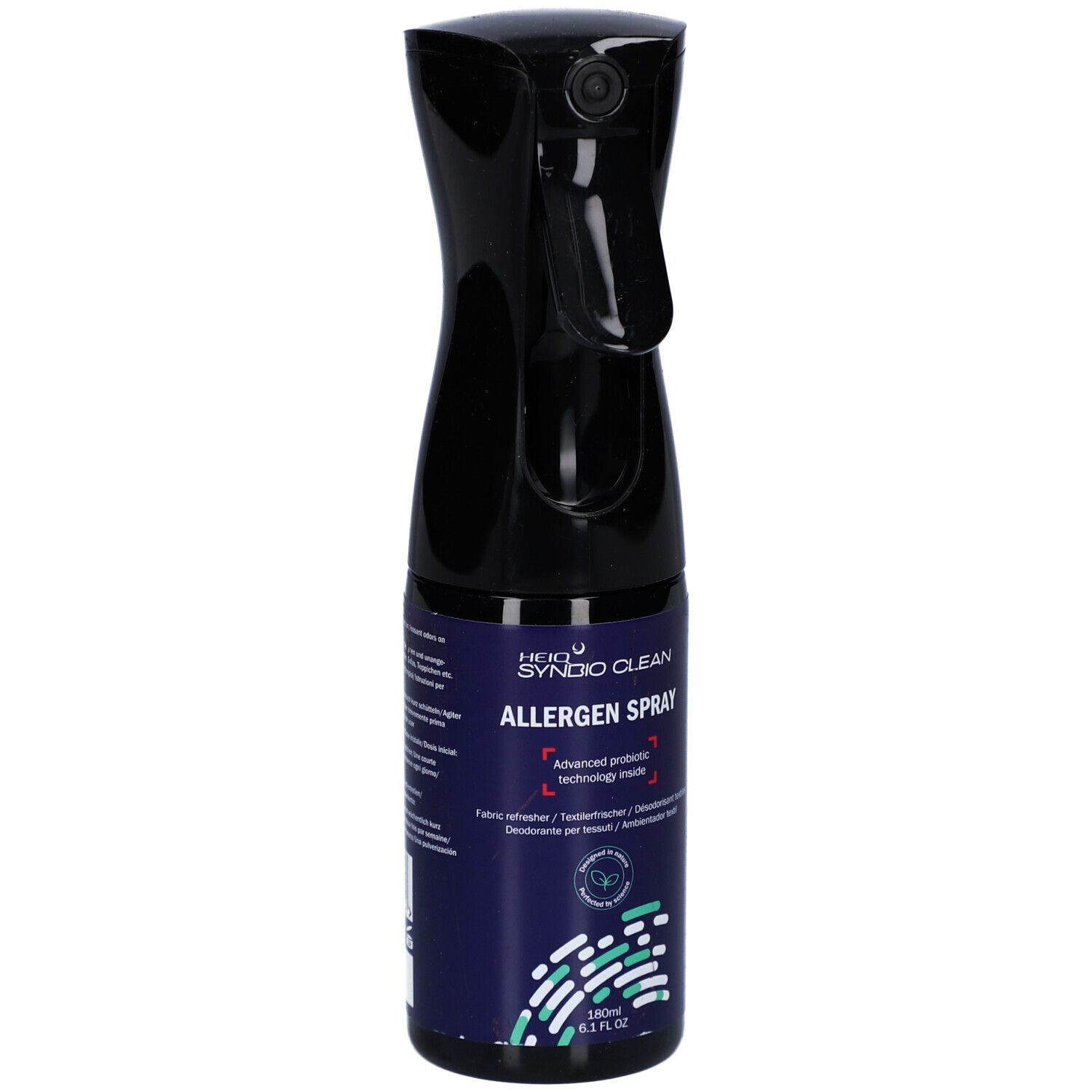 Flacon pulvérisateur bleu avec tête noire. Inscription: HEIQ SYNBIO CLEAN ALLERGEN SPRAY. 180 ml.