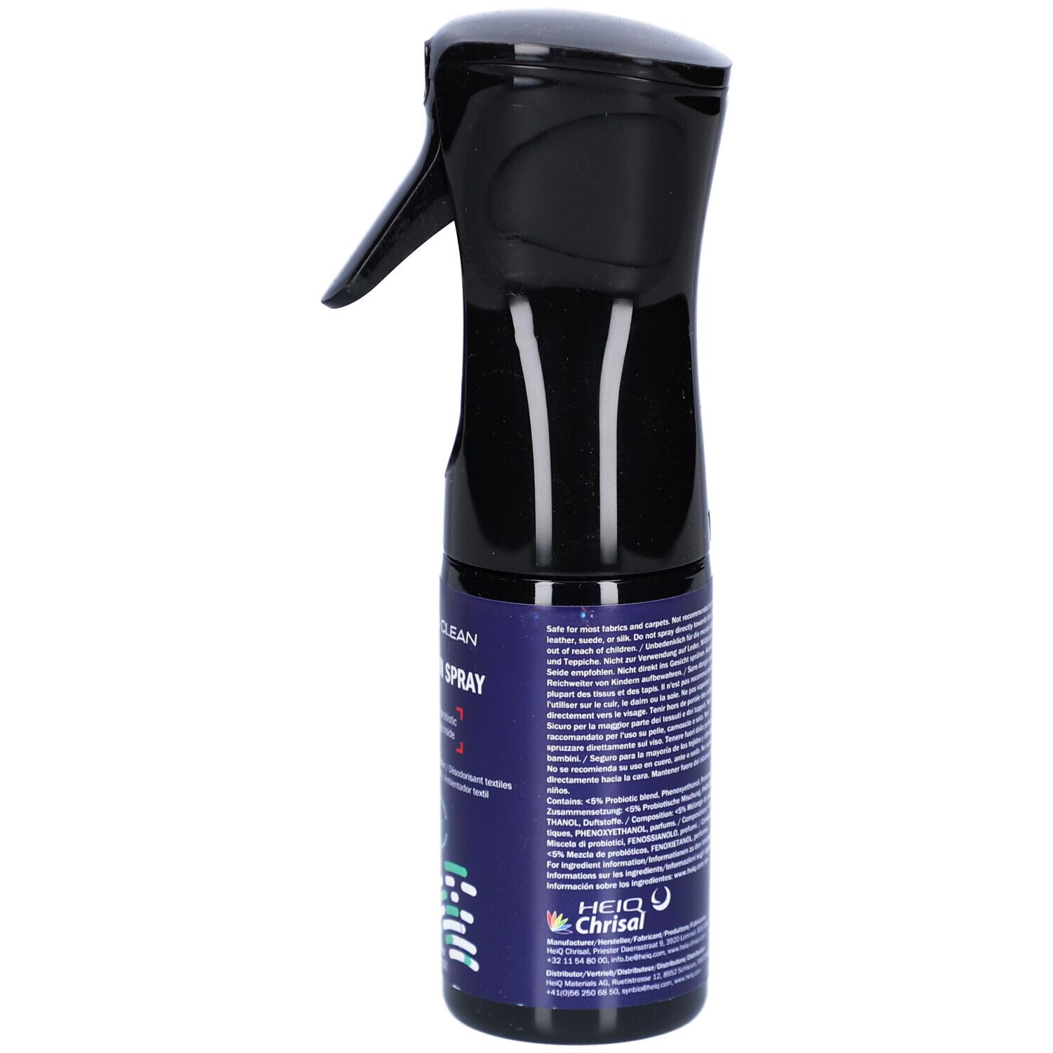 Flacon pulvérisateur bleu avec tête noire. Inscription: HEIQ SYNBIO CLEAN ALLERGEN SPRAY. 180 ml. Vue détaillée.