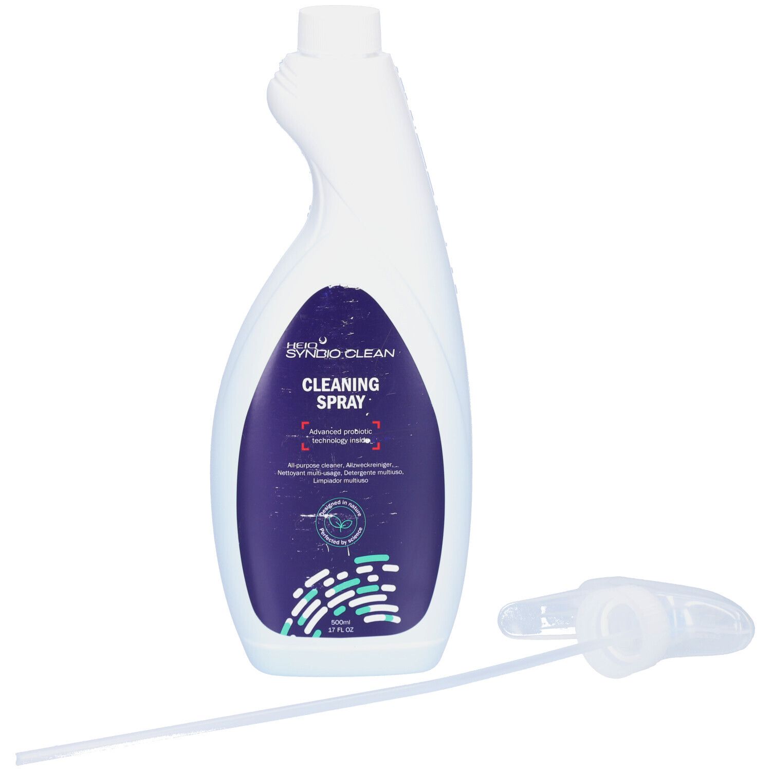 Flacon de spray nettoyant blanc avec tête de pulvérisation. Étiquette avec informations et logo.
