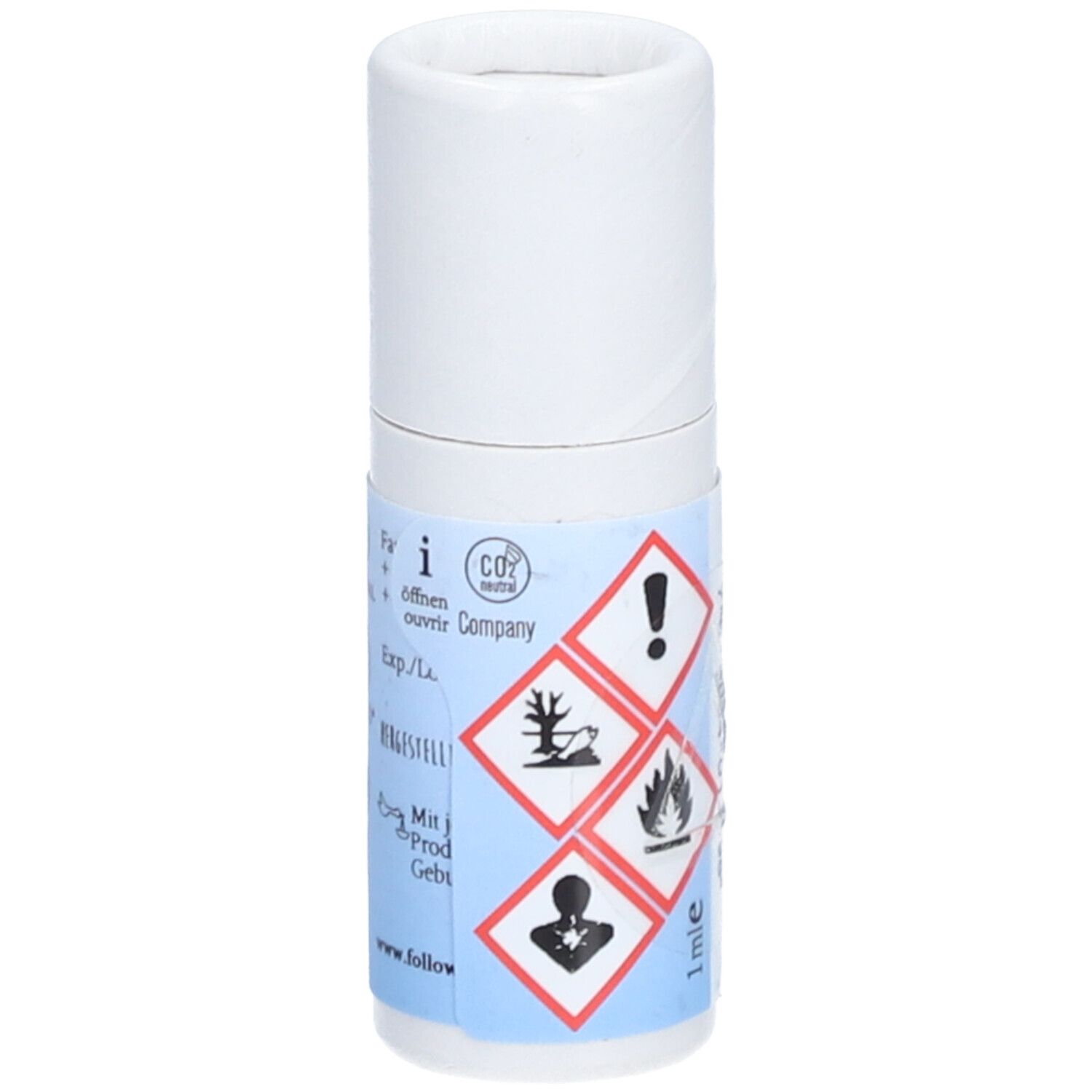 Flacon cylindrique avec étiquette. Symboles d'avertissement : point d'exclamation, flamme, danger pour l'environnement, danger pour la santé. Texte : 1 ml e.