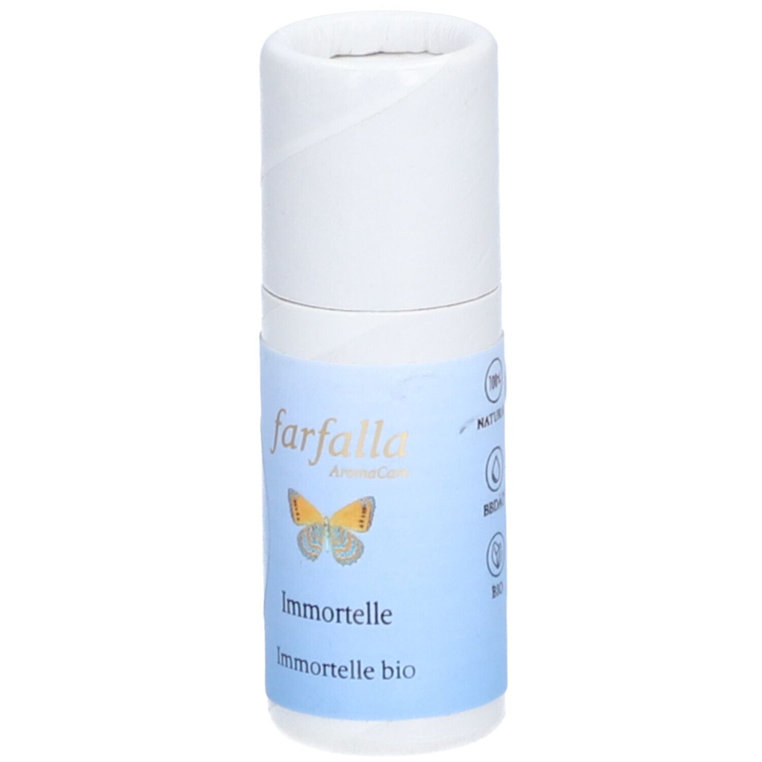 Flacon cylindrique avec étiquette. Logo : papillon. Texte : Immortelle bio. Label de qualité naturelle.